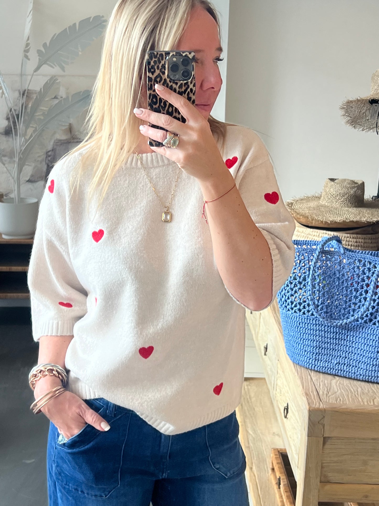 Heart Knit 3/4 Sleeve Top
