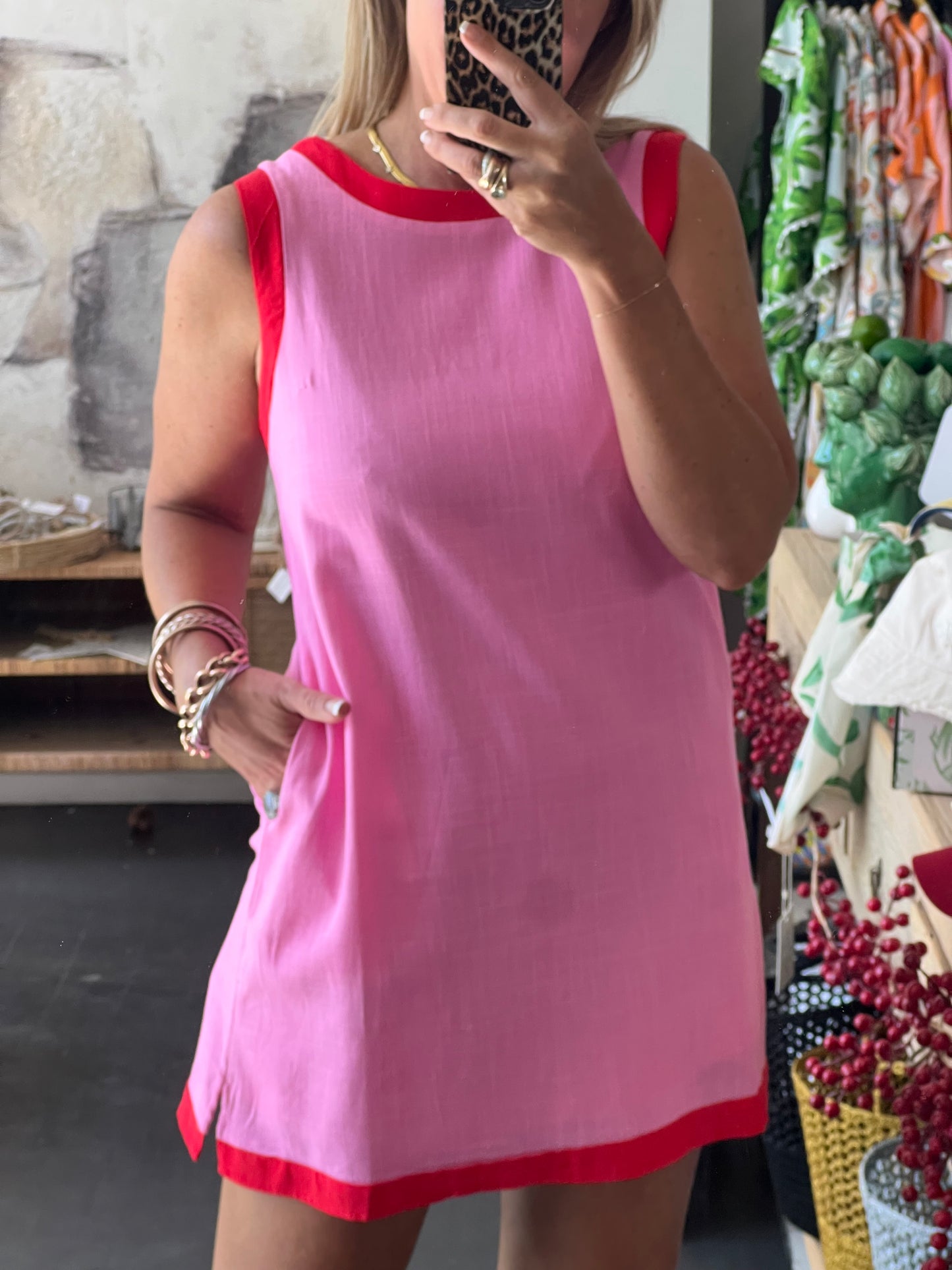 Sleeveless Shift Linen Dress - pink