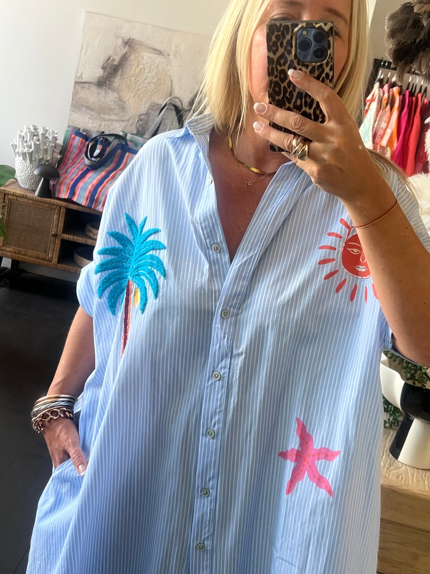 Embroidered Palm Shirt Dress