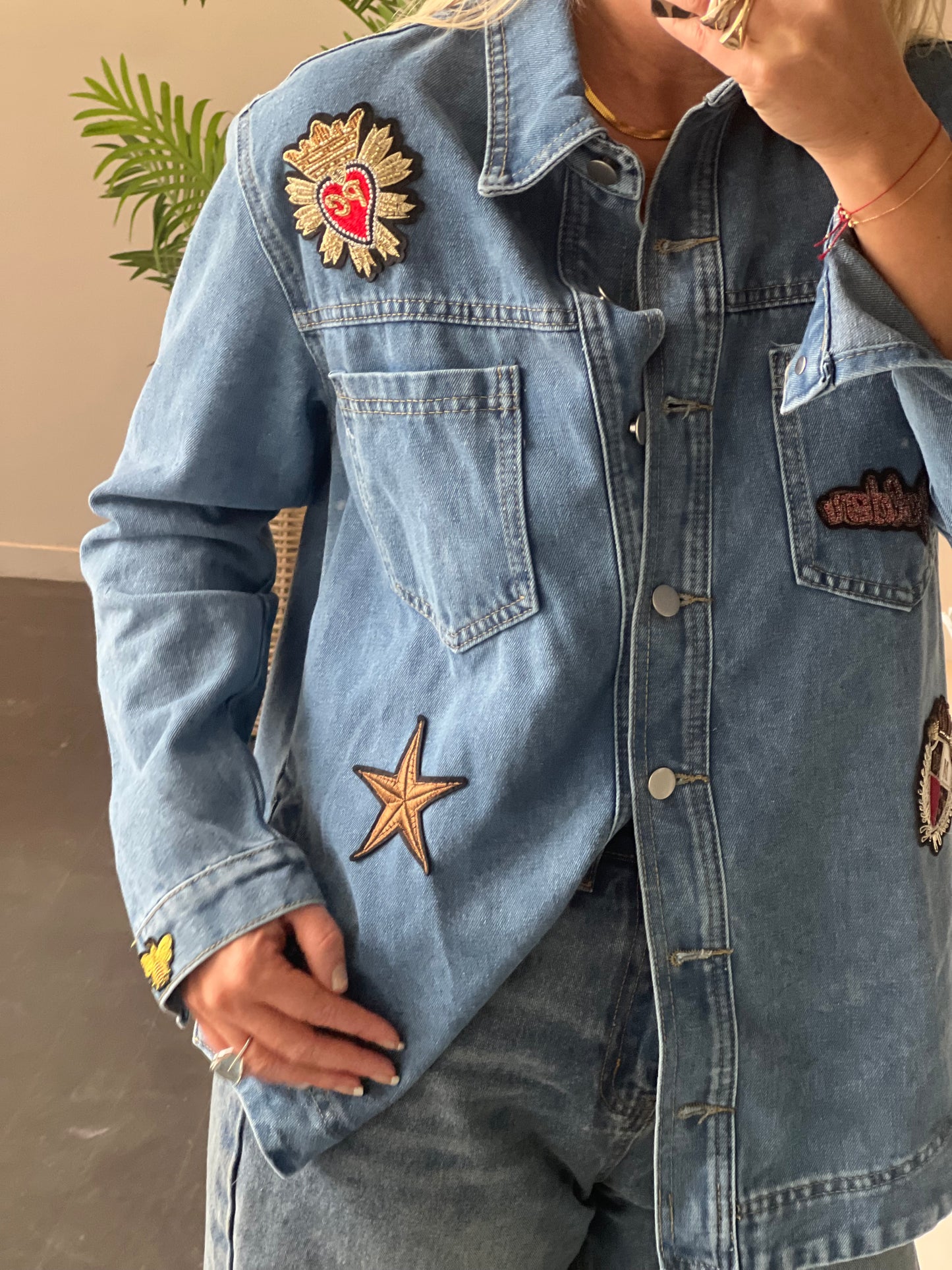 Denim French Bee Appliqué Patch Shirt Jacket