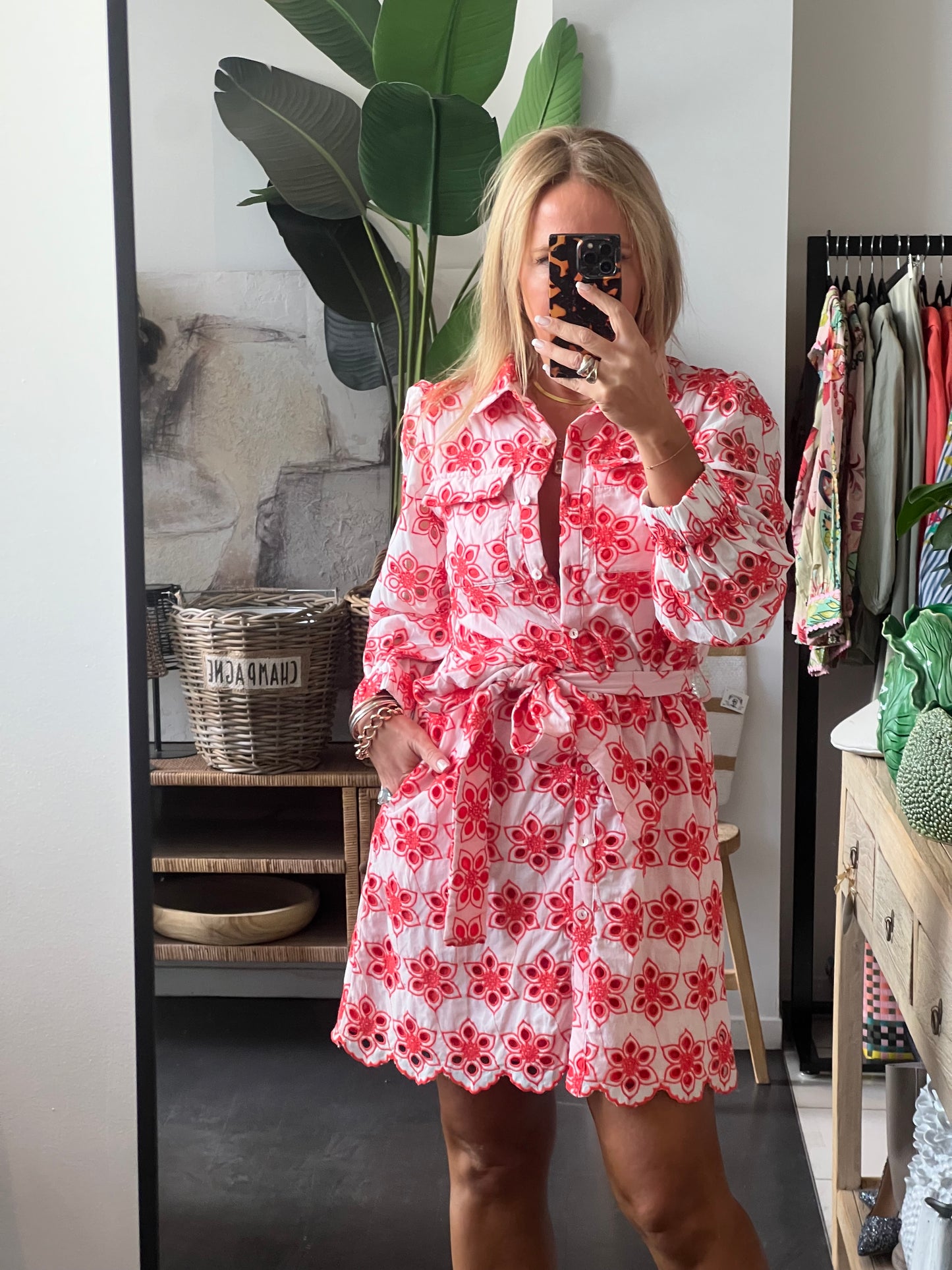 Broderie Anglaise Shirt Dress- red