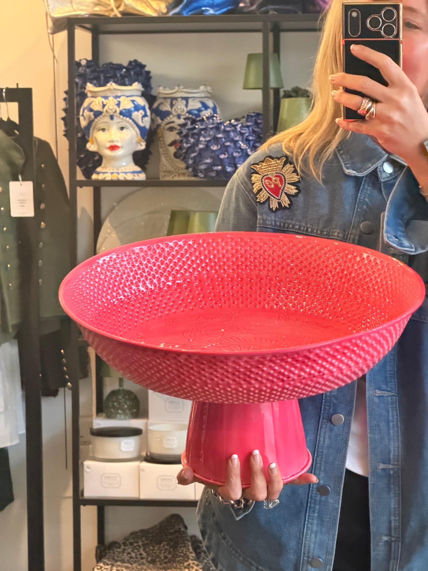 XL Footed Glazed Tin Platter- pink