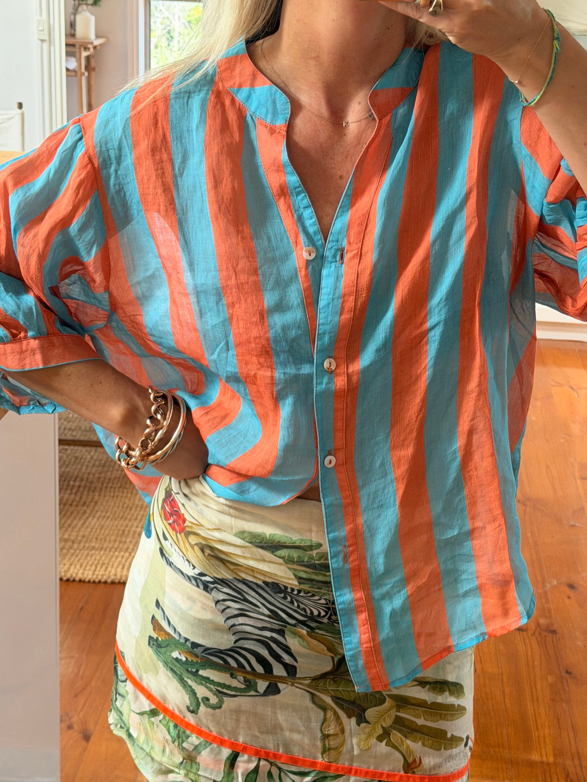 St Tropez Stripe Linen Shirt - orange & aqua