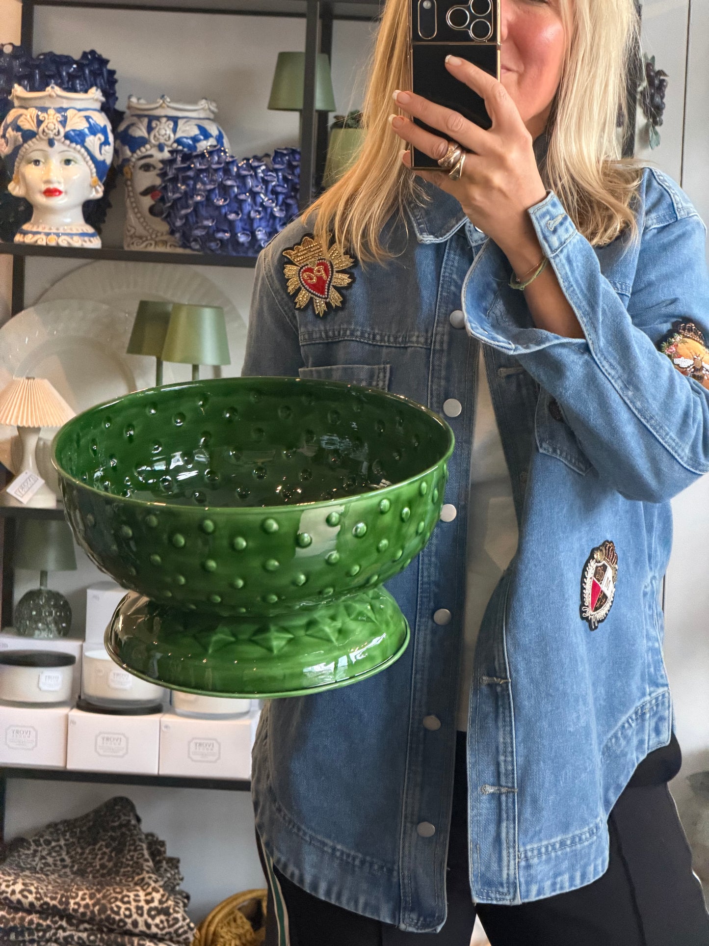 Footed Glazed Tin Fruit Bowl-  green