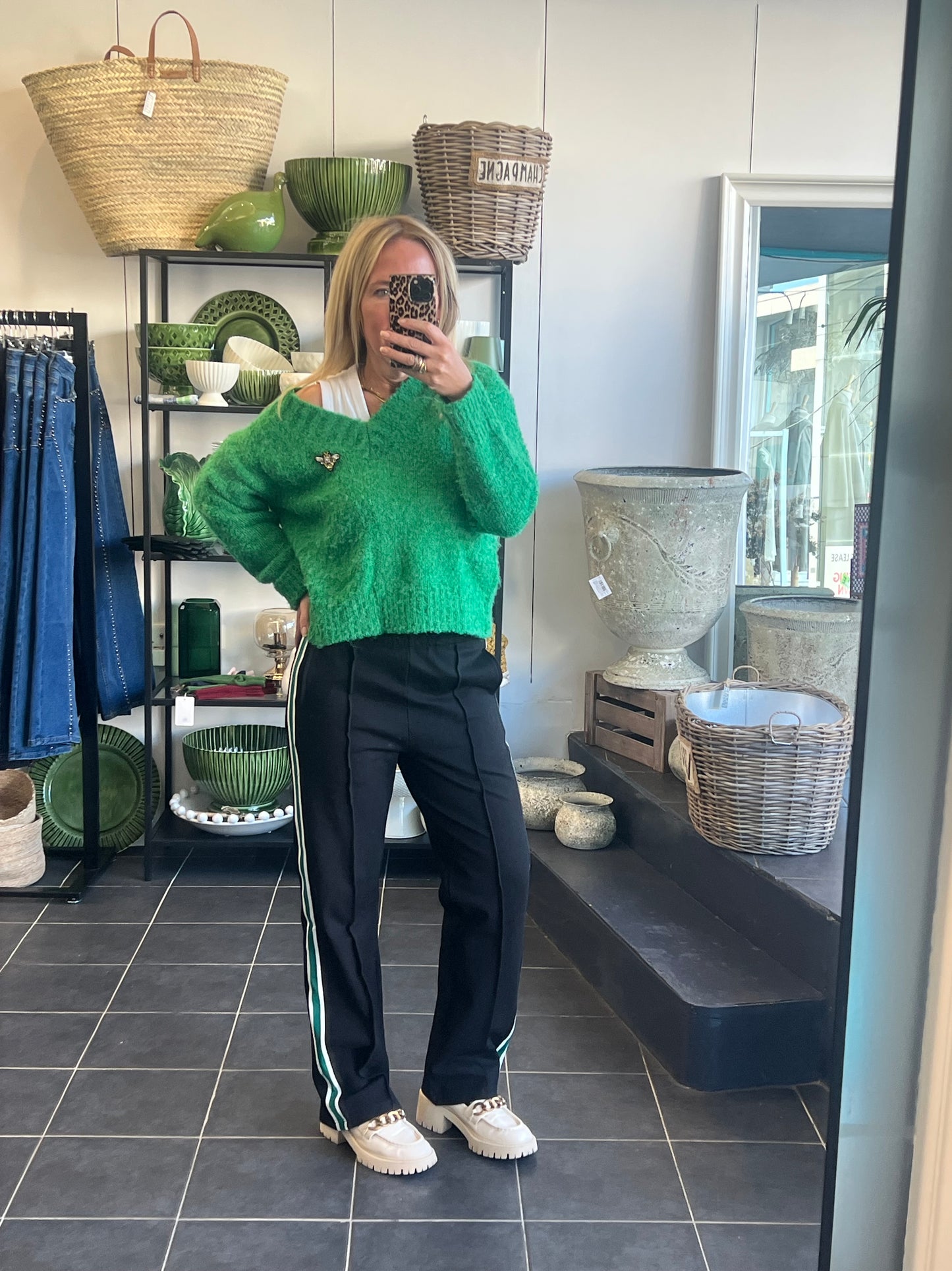 Pinstripe Ponti Pintuck Pants- green stripe