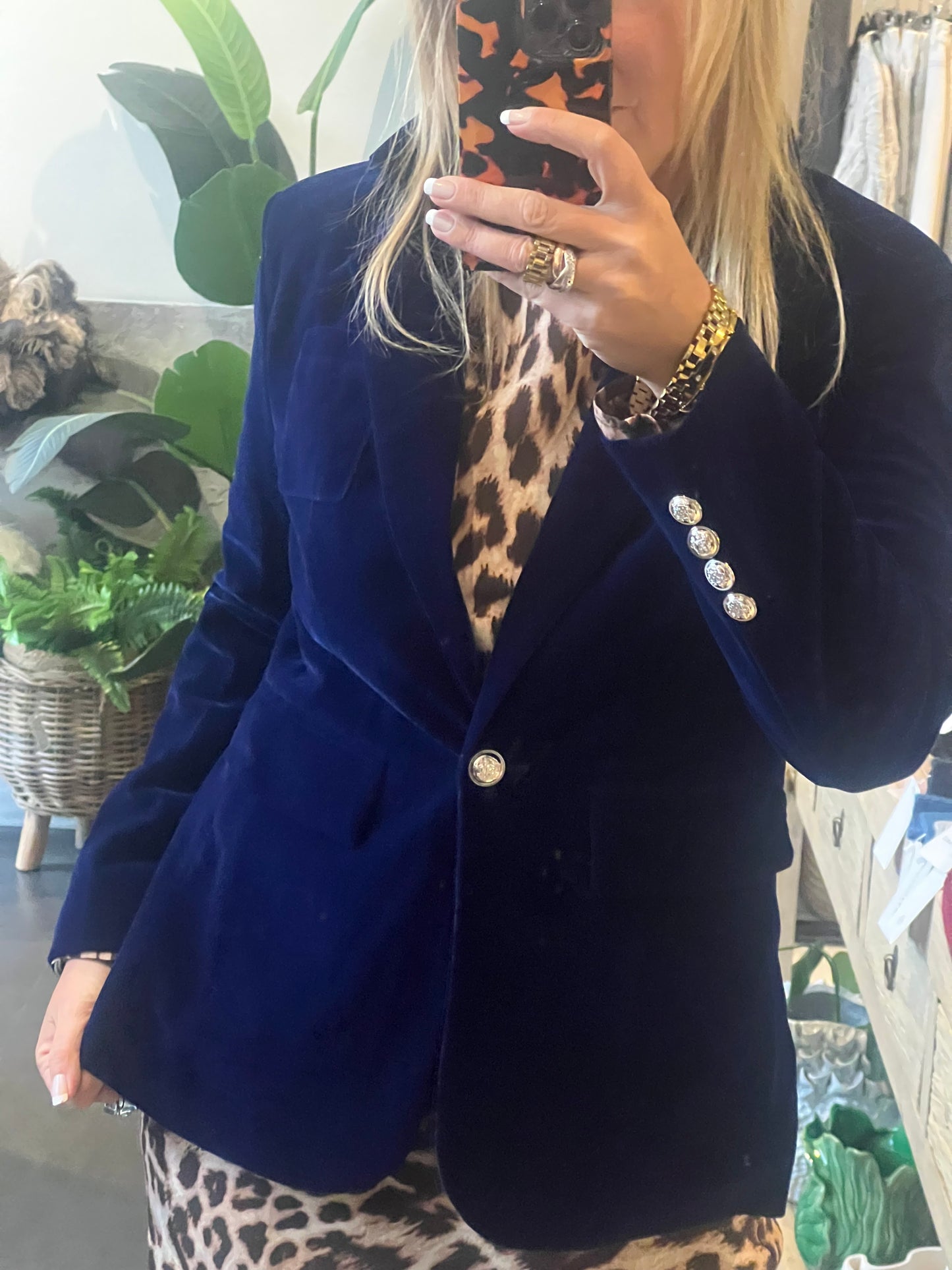 Velvet Blazer Black with Gold Buttons-electric blue