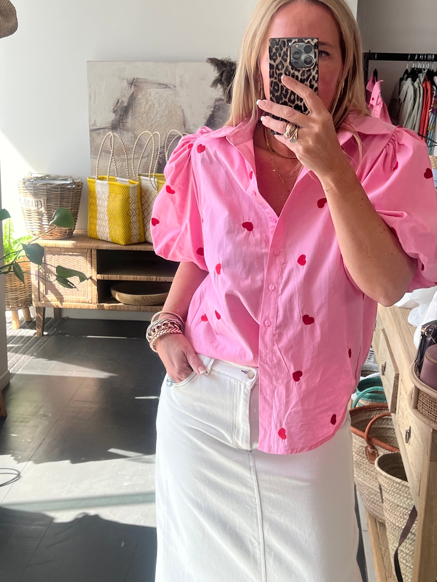 Hearts Puff Sleeve Cotton Shirt Top