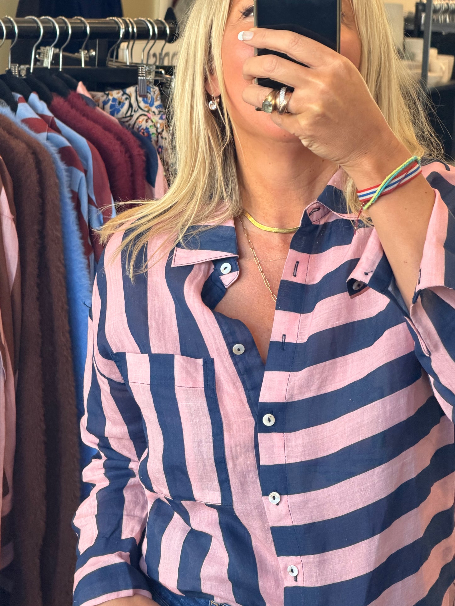Riviera Stripe LInen Shirt - navy & pink