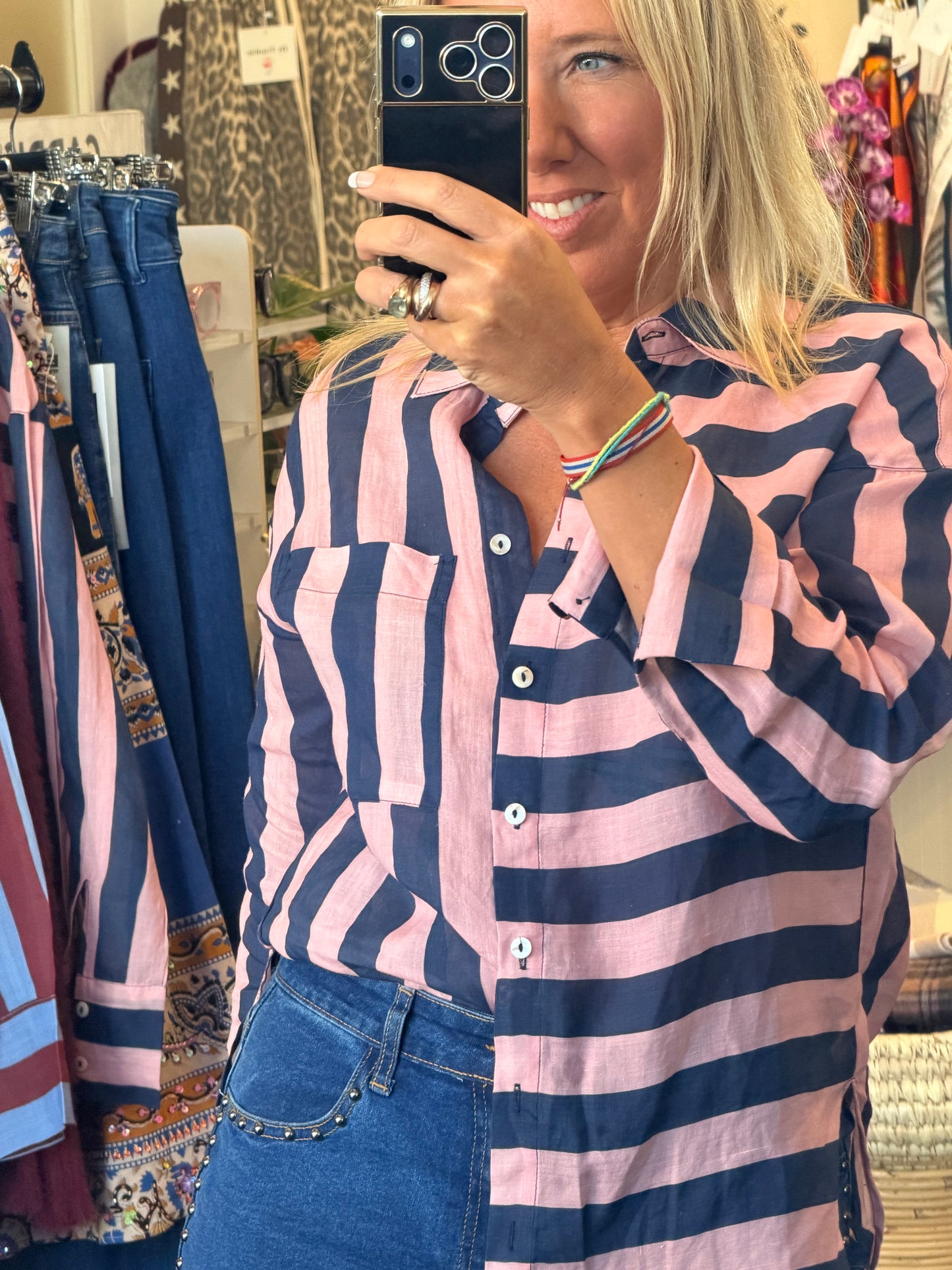 Riviera Stripe LInen Shirt - navy & pink