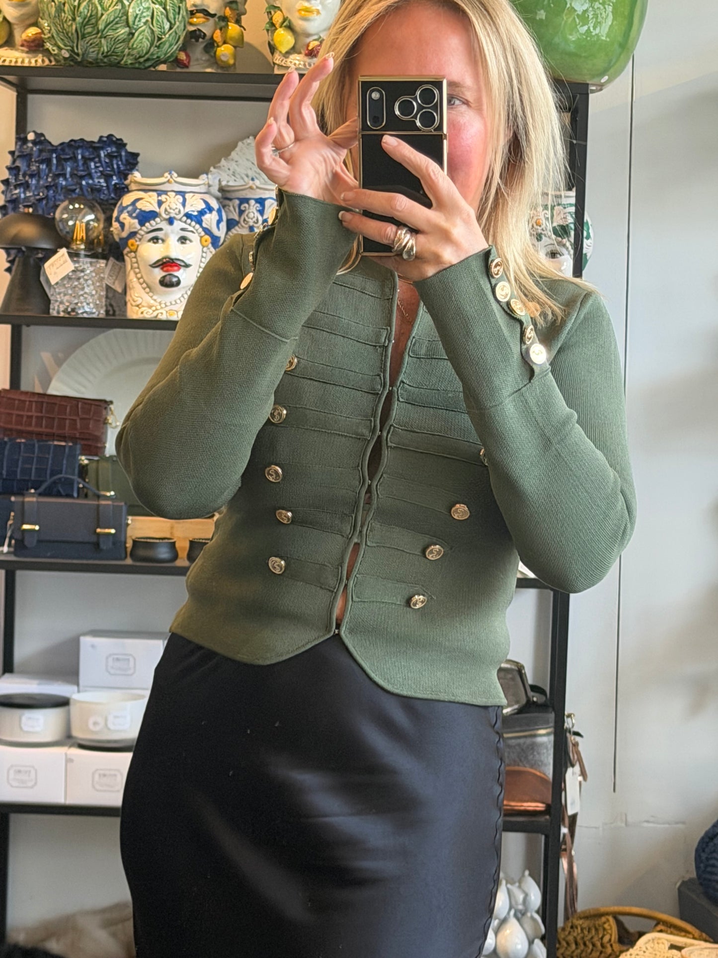 Crepe Knit Military Jacket-  khaki
