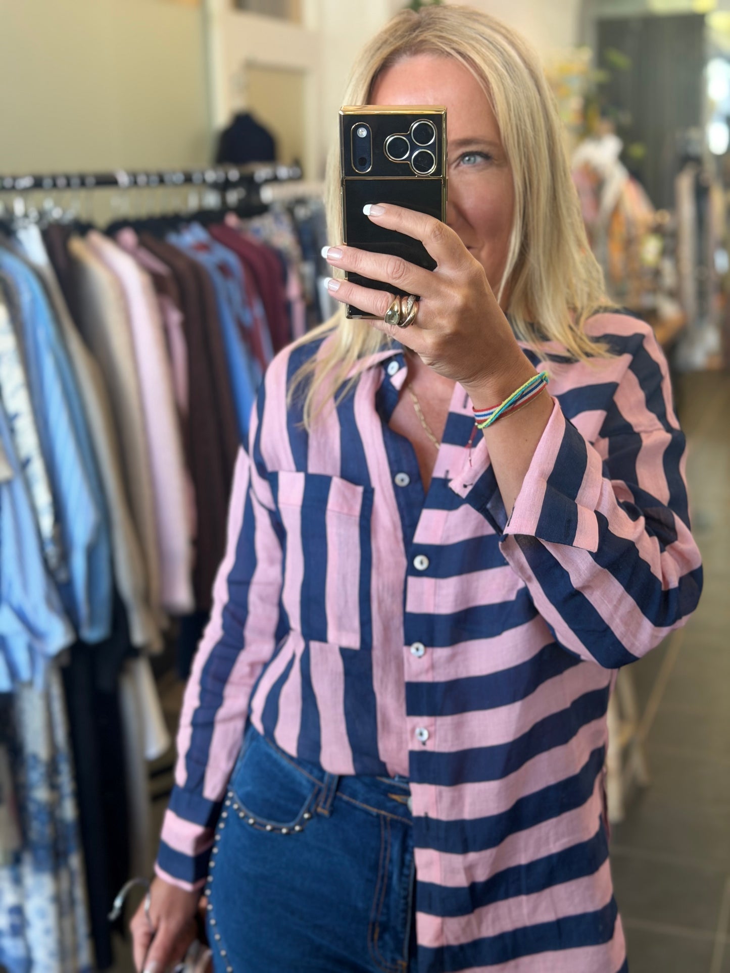 Riviera Stripe LInen Shirt - navy & pink