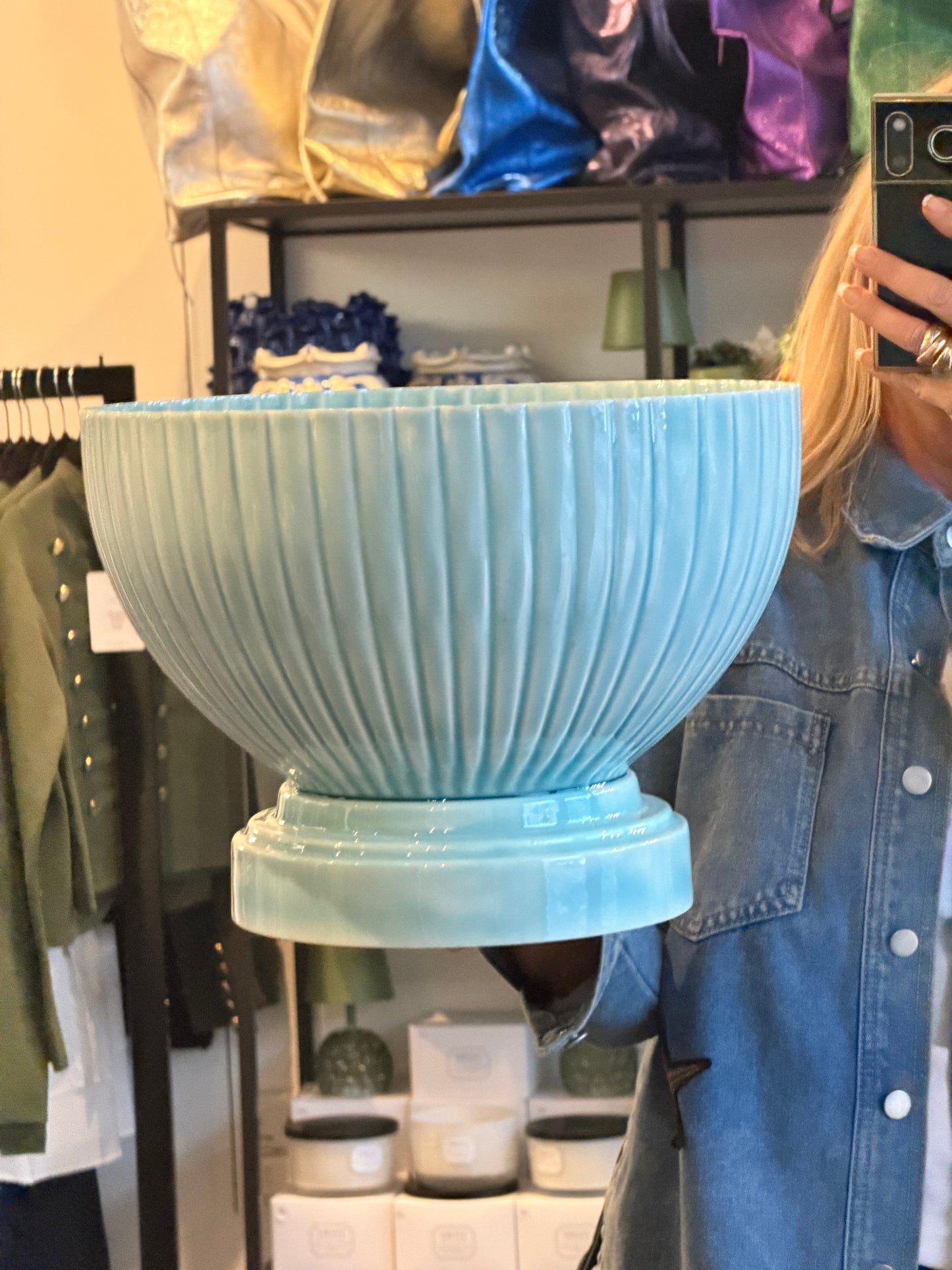 XL Footed Glazed Tin Ice Bucket-  blue