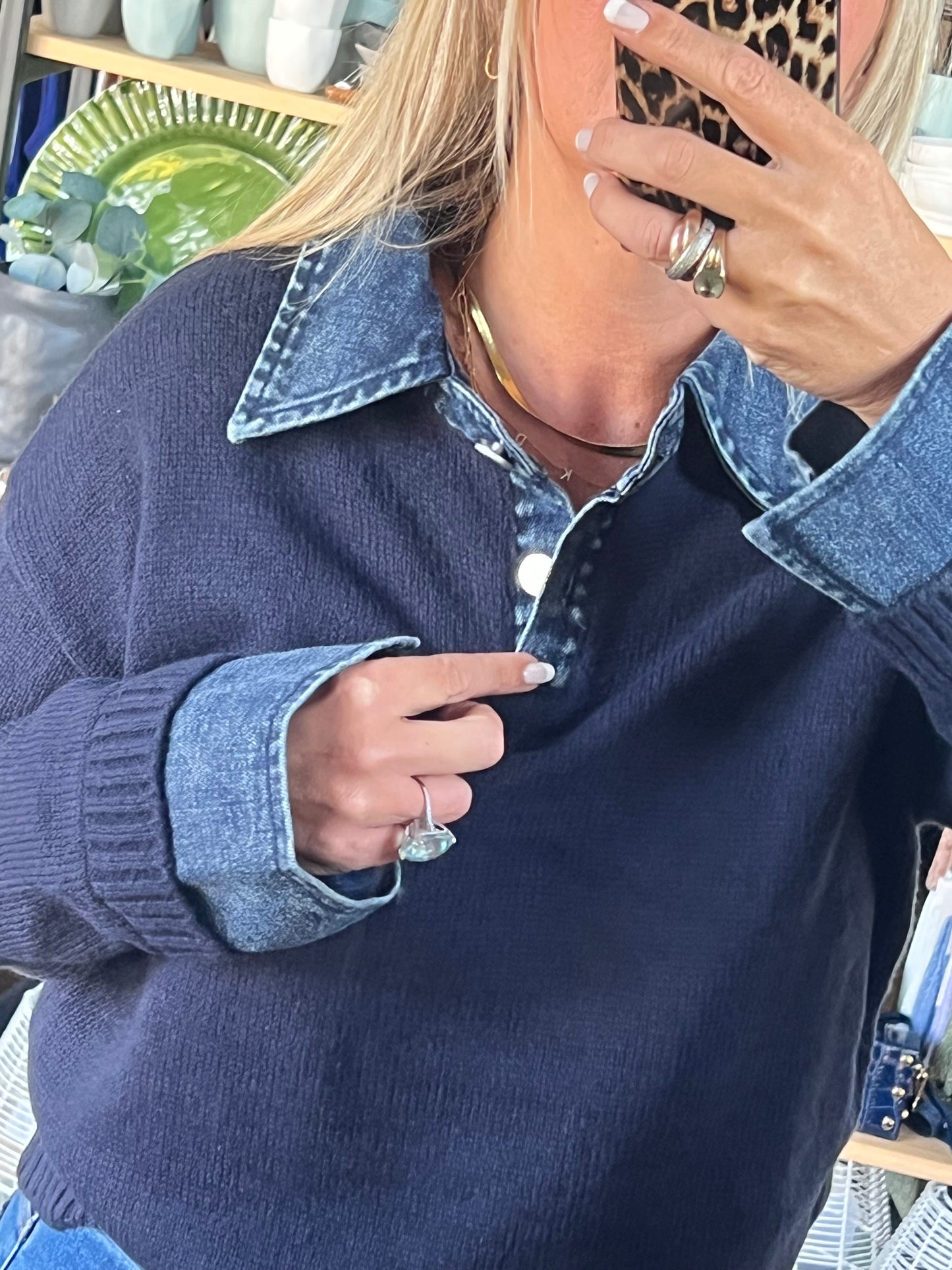 Denim Collar & Cuff Polo Knit