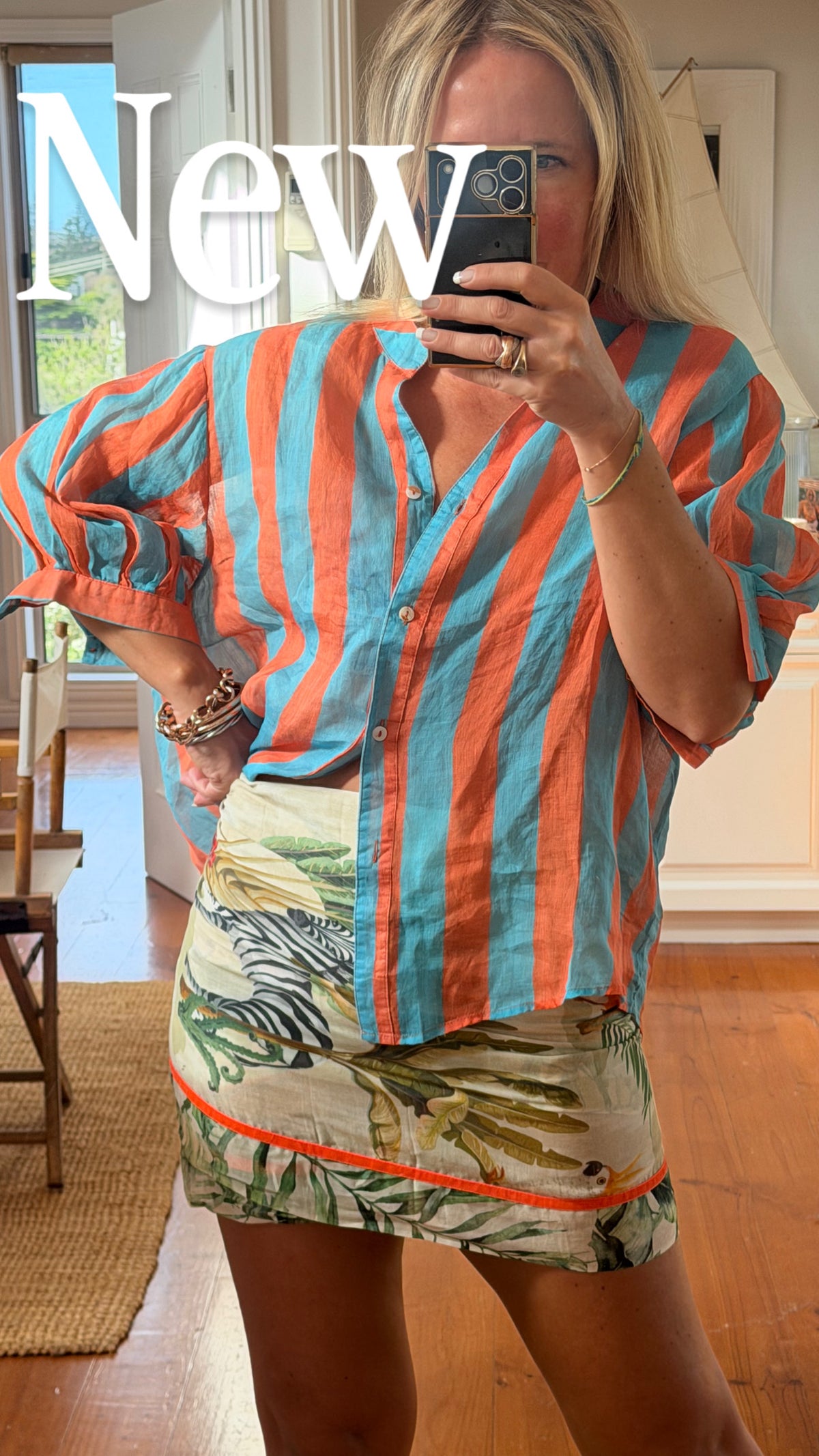 St Tropez Stripe Linen Shirt - orange & aqua