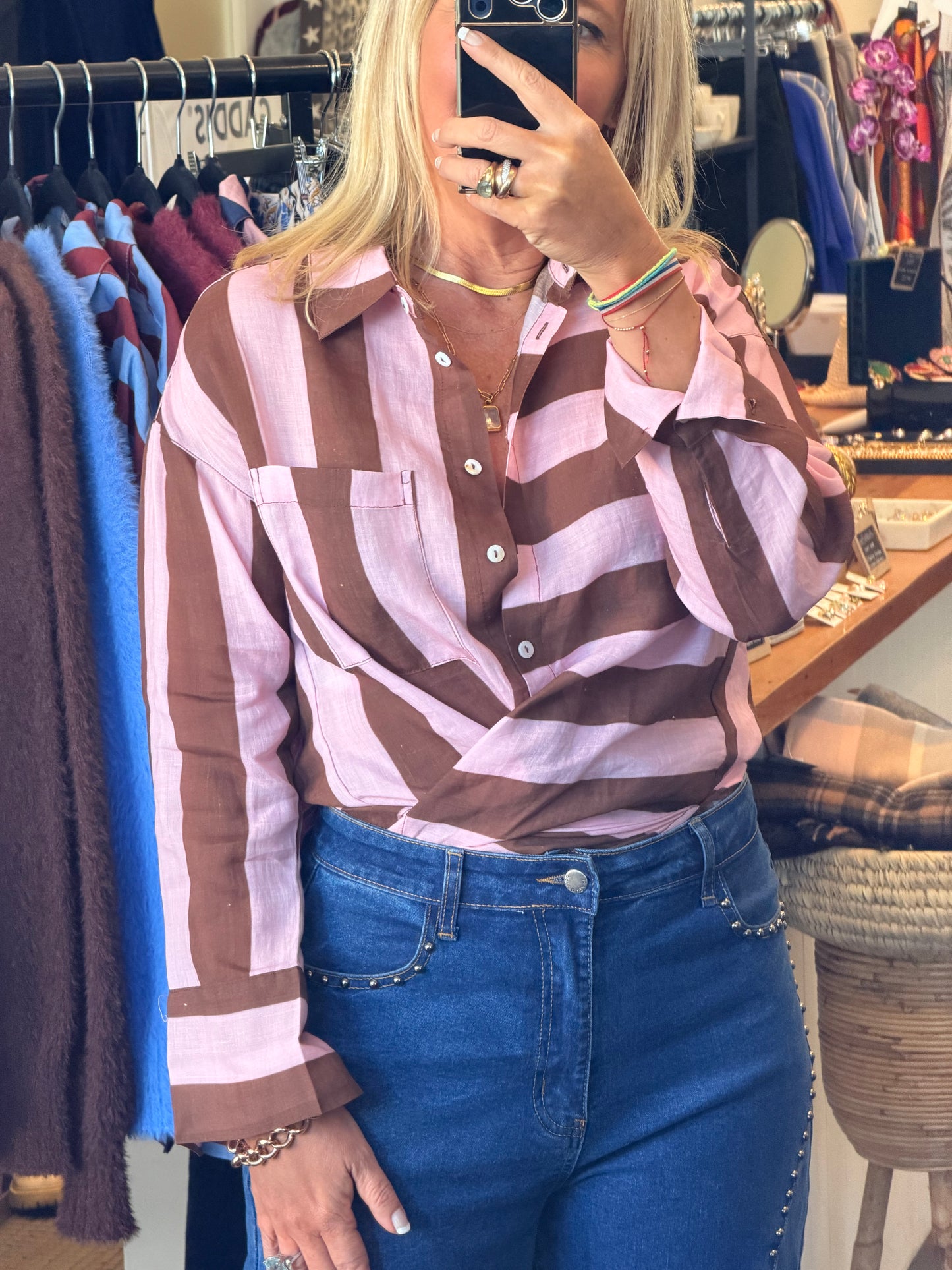 Riviera Stripe LInen Shirt - pink & tan