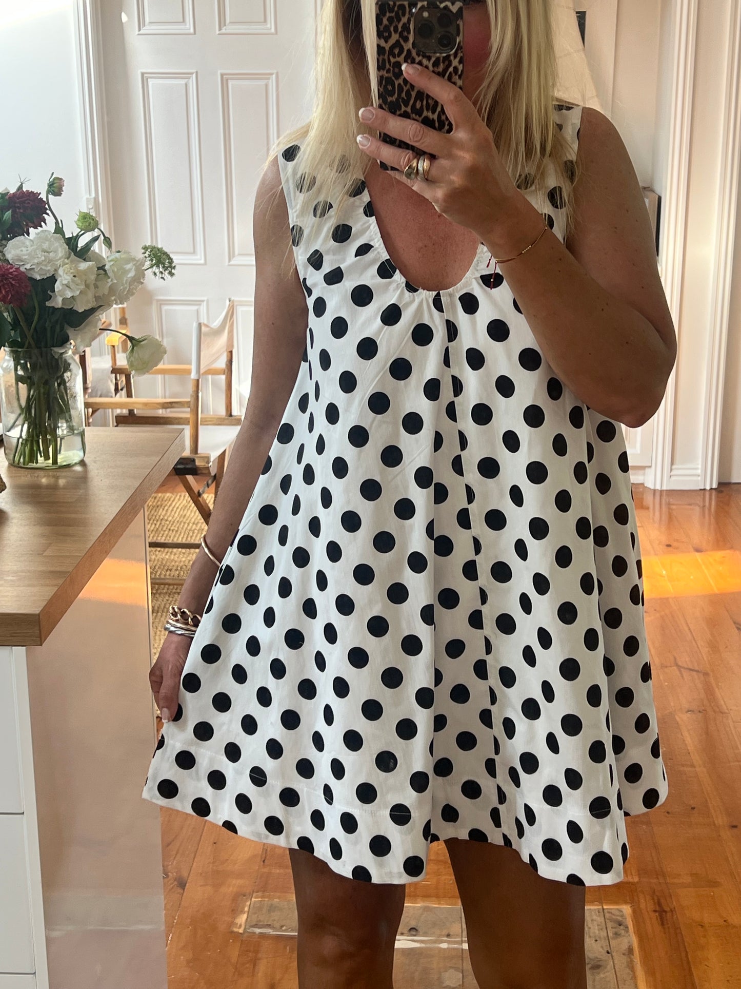 Polka Dot Sleeveless Scoop Neck Swing Shift Dress