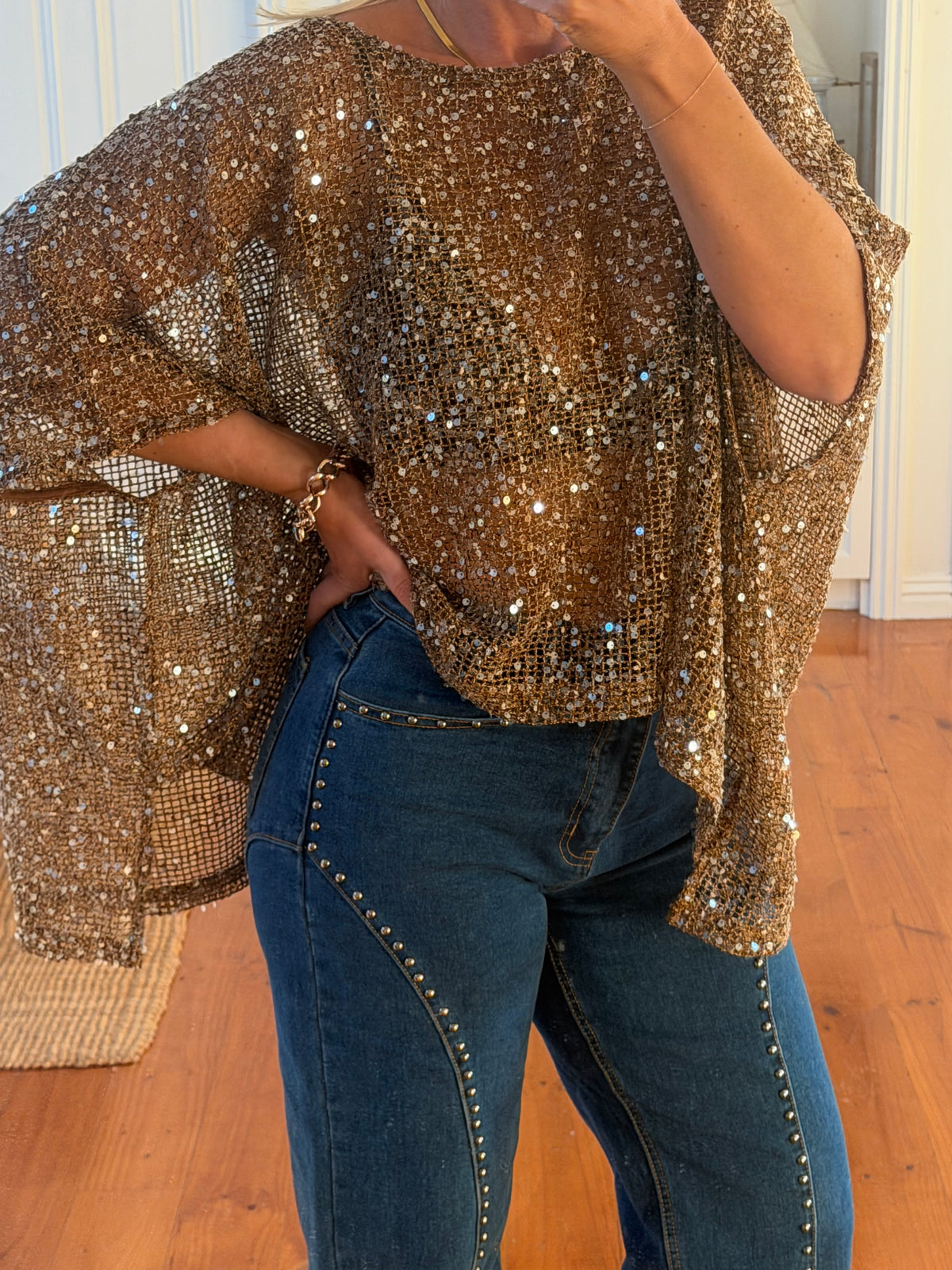 Twinkle Top - sequin khaki bronze