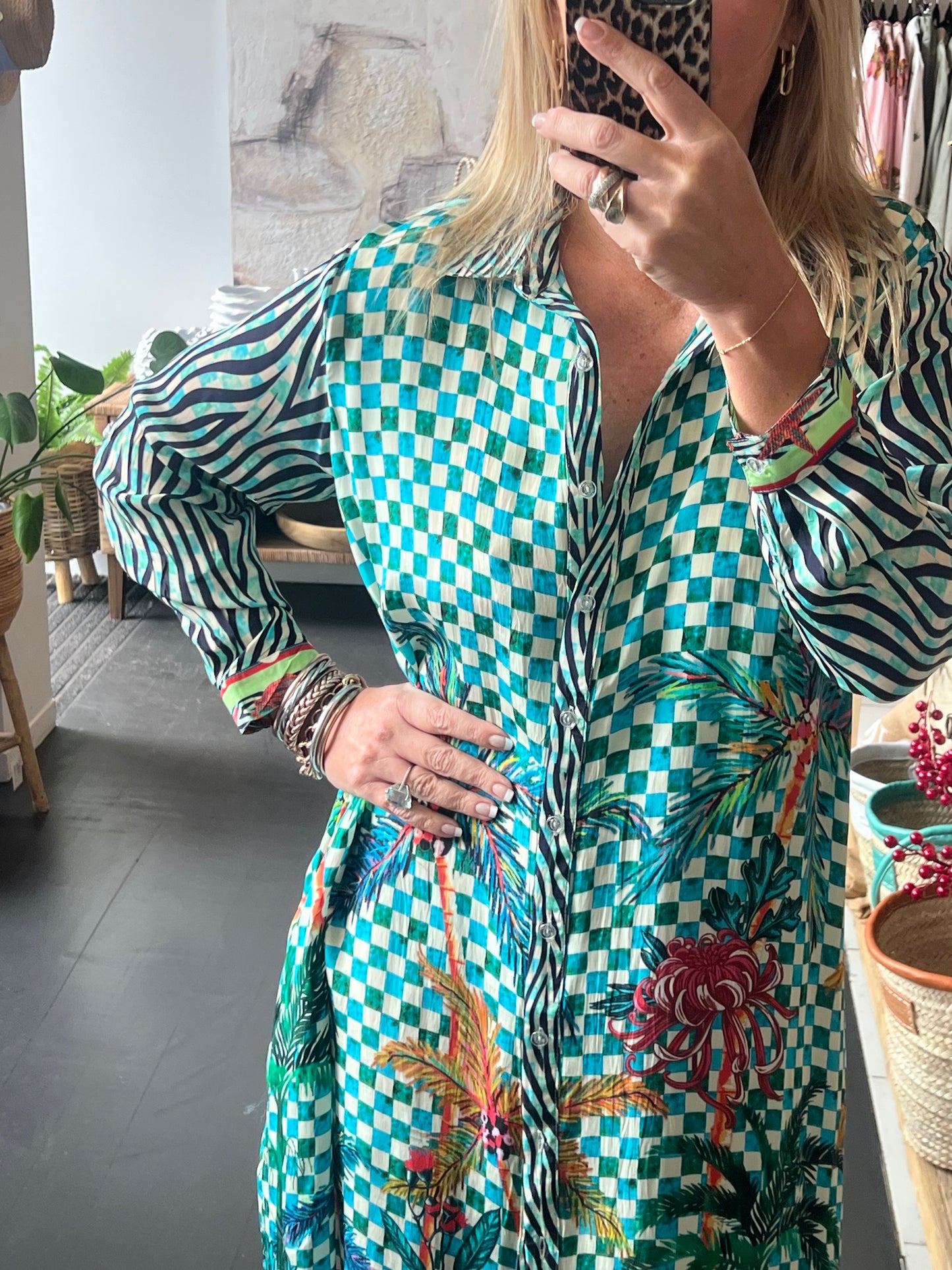 Slinky Floral Resort Shirt Dress -aqua