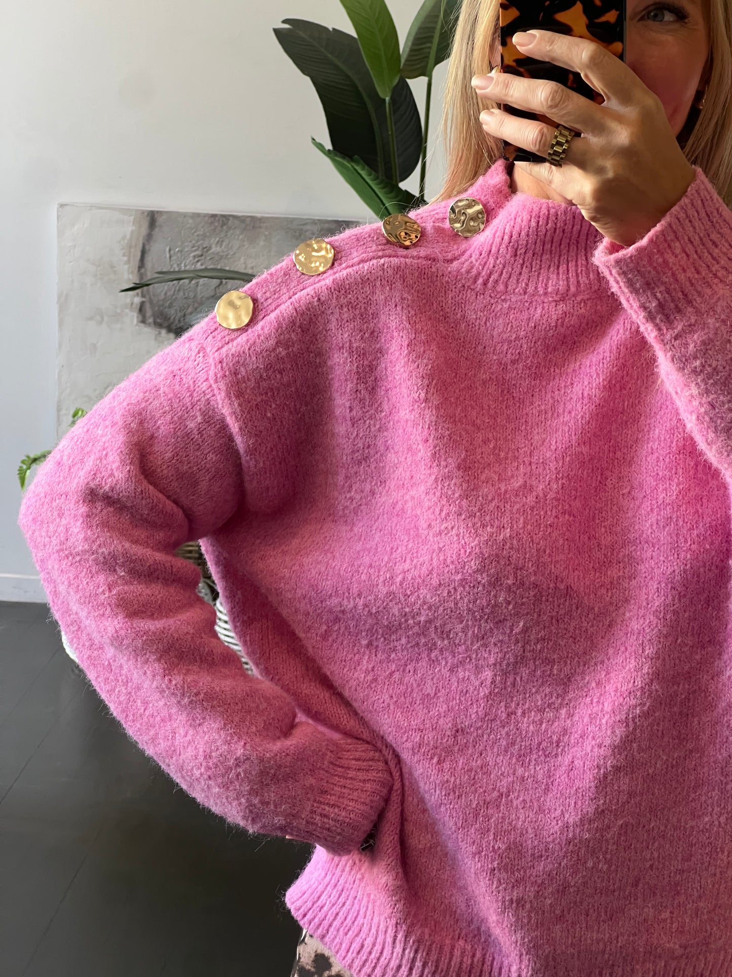 Gold Button Neck Jumper - pink