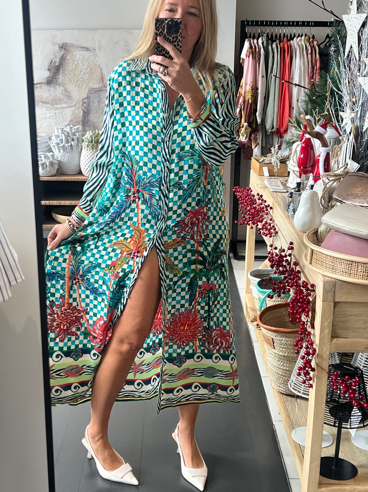 Slinky Floral Resort Shirt Dress -aqua