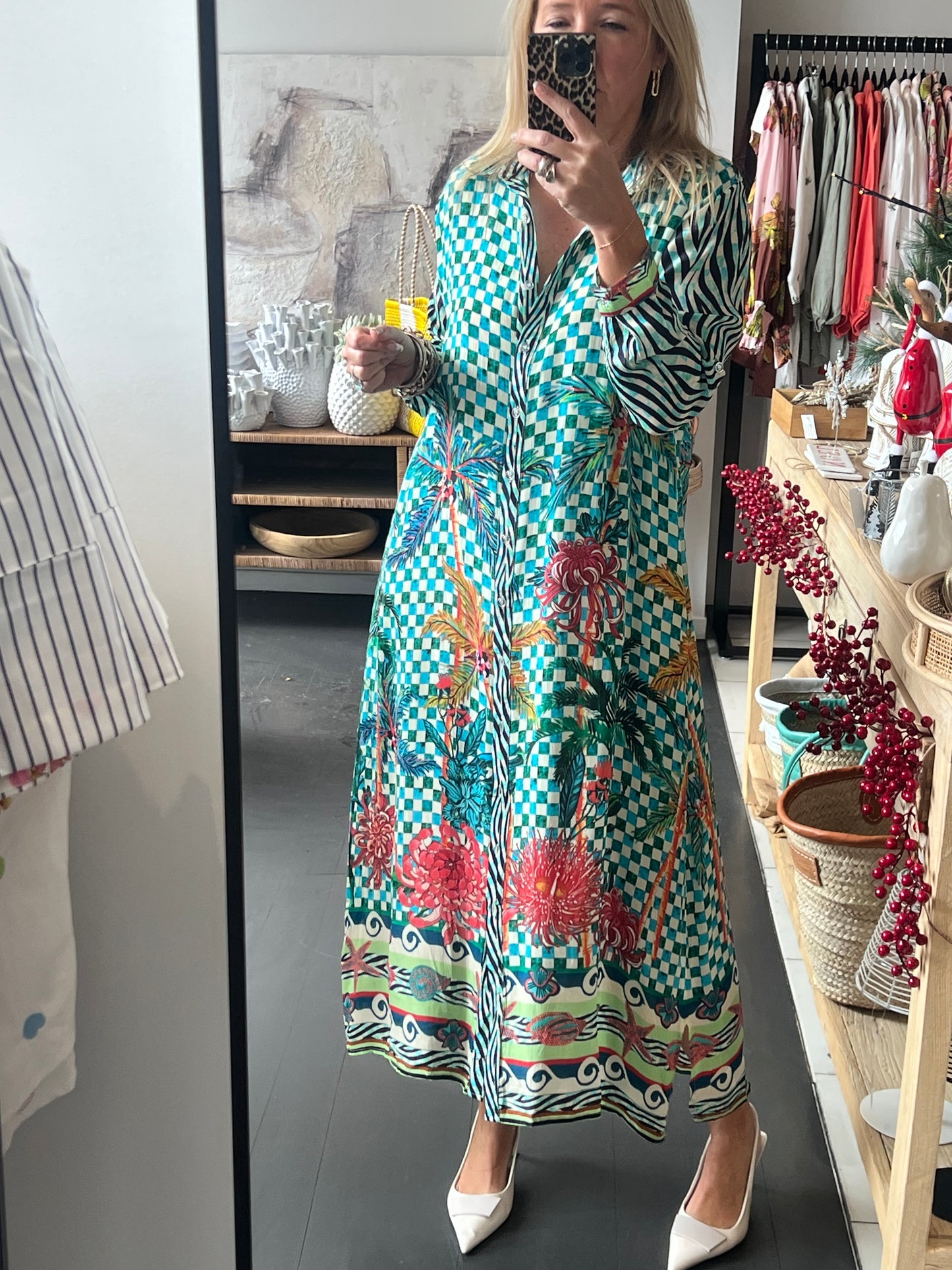 Slinky Floral Resort Shirt Dress -aqua