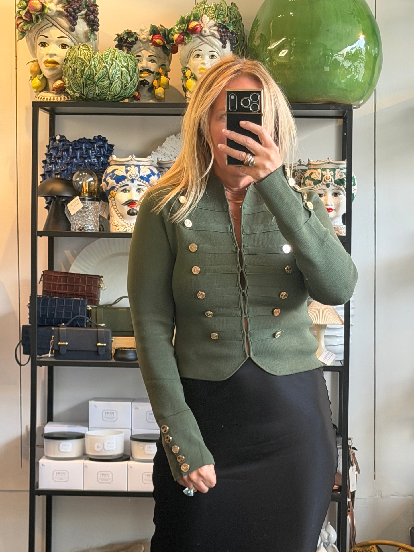 Crepe Knit Military Jacket-  khaki