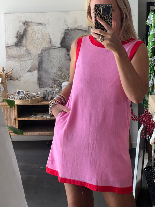 Sleeveless Shift Linen Dress - pink