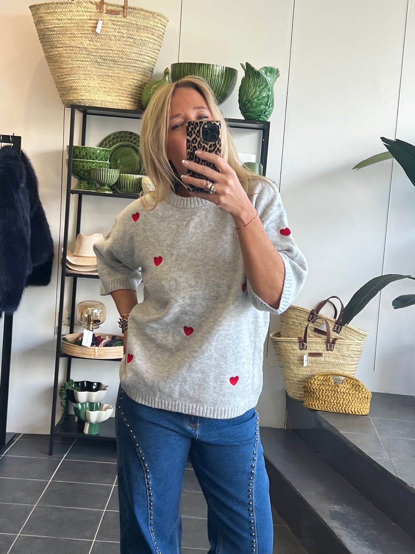 Heart Knit 3/4 Sleeve Top - grey