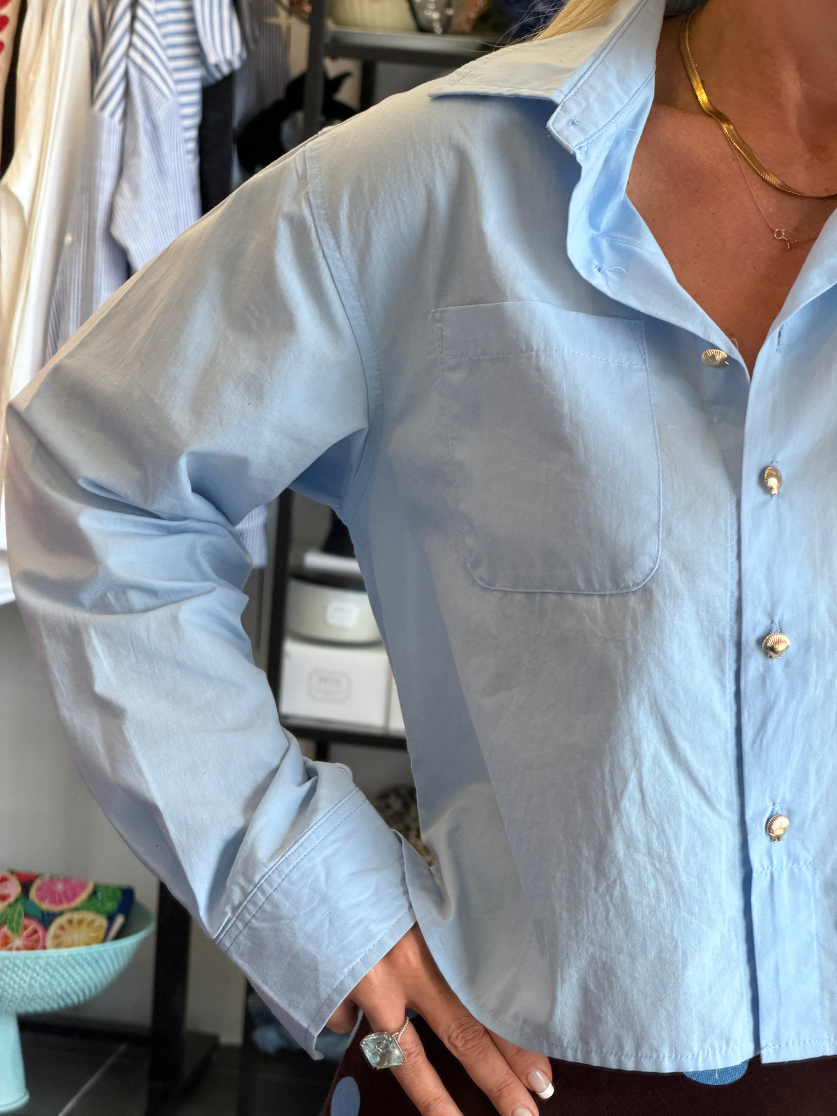 Crop Cotton Shirt Top- blue