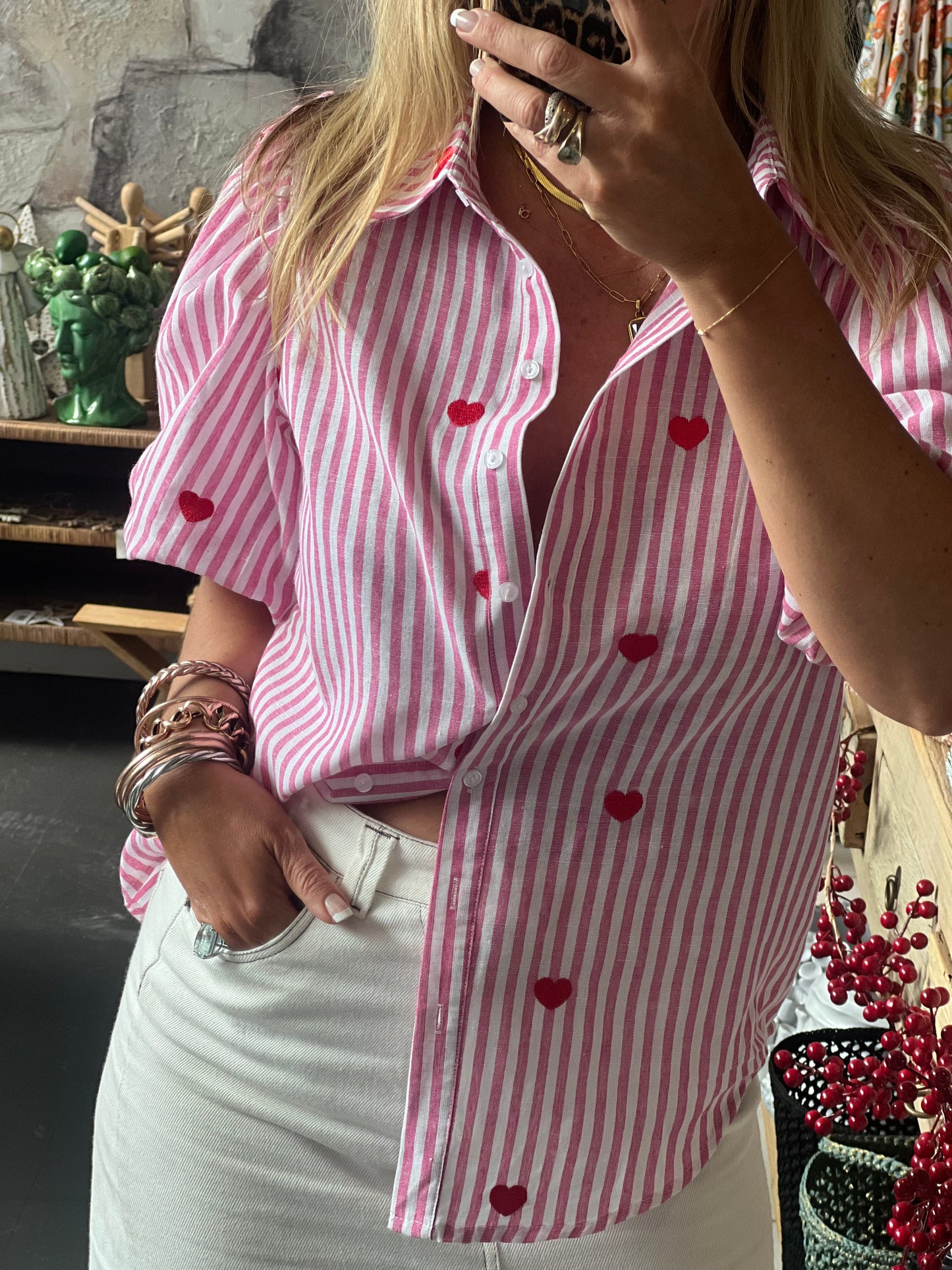 Hearts Puff Sleeve Cotton Shirt Top- pink