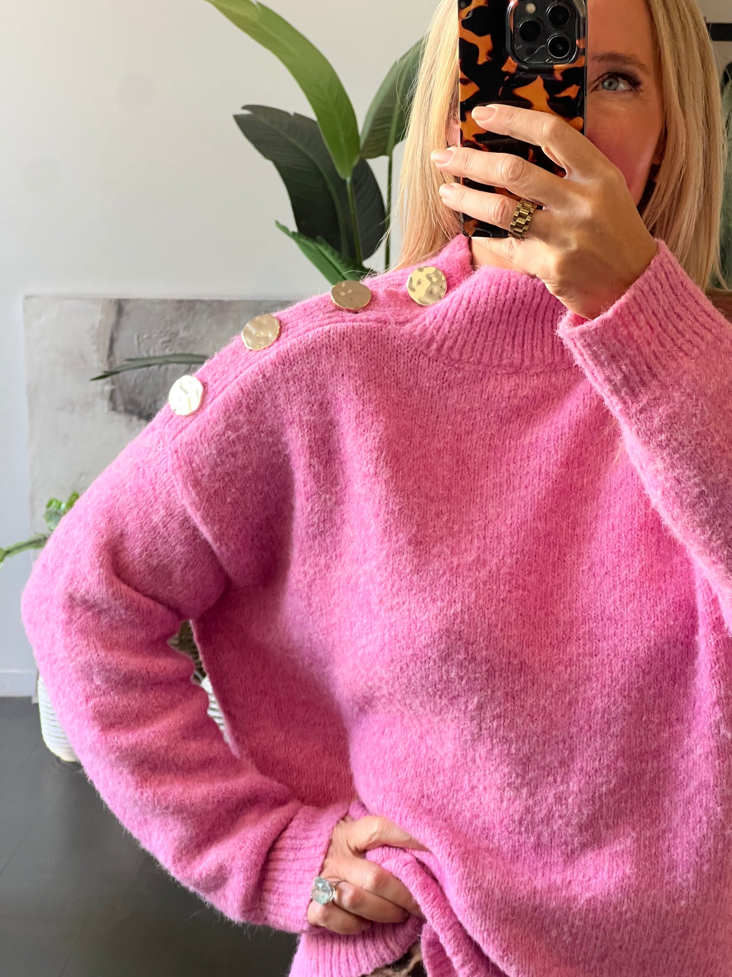 Gold Button Neck Jumper - pink