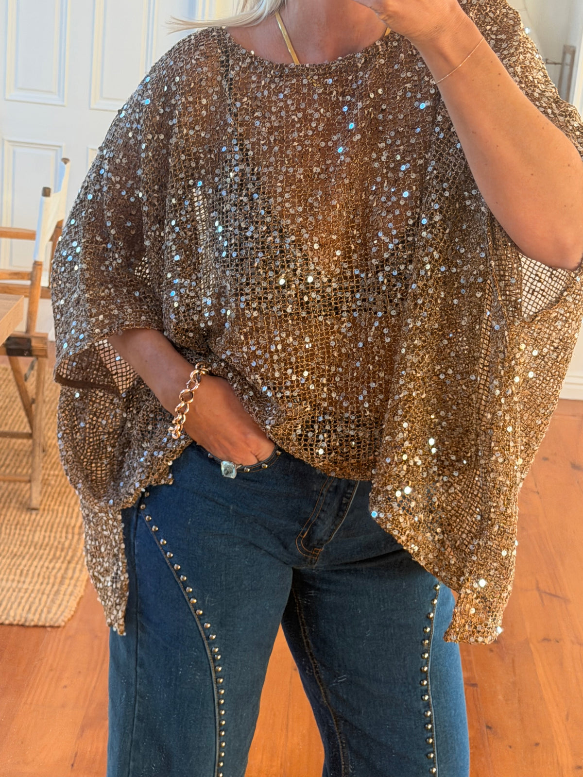 Twinkle Top - sequin khaki bronze