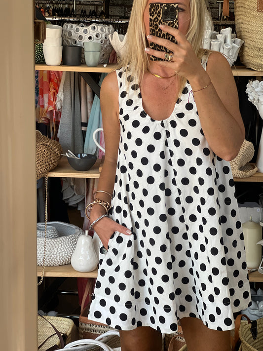 Polka Dot Sleeveless Scoop Neck Swing Shift Dress
