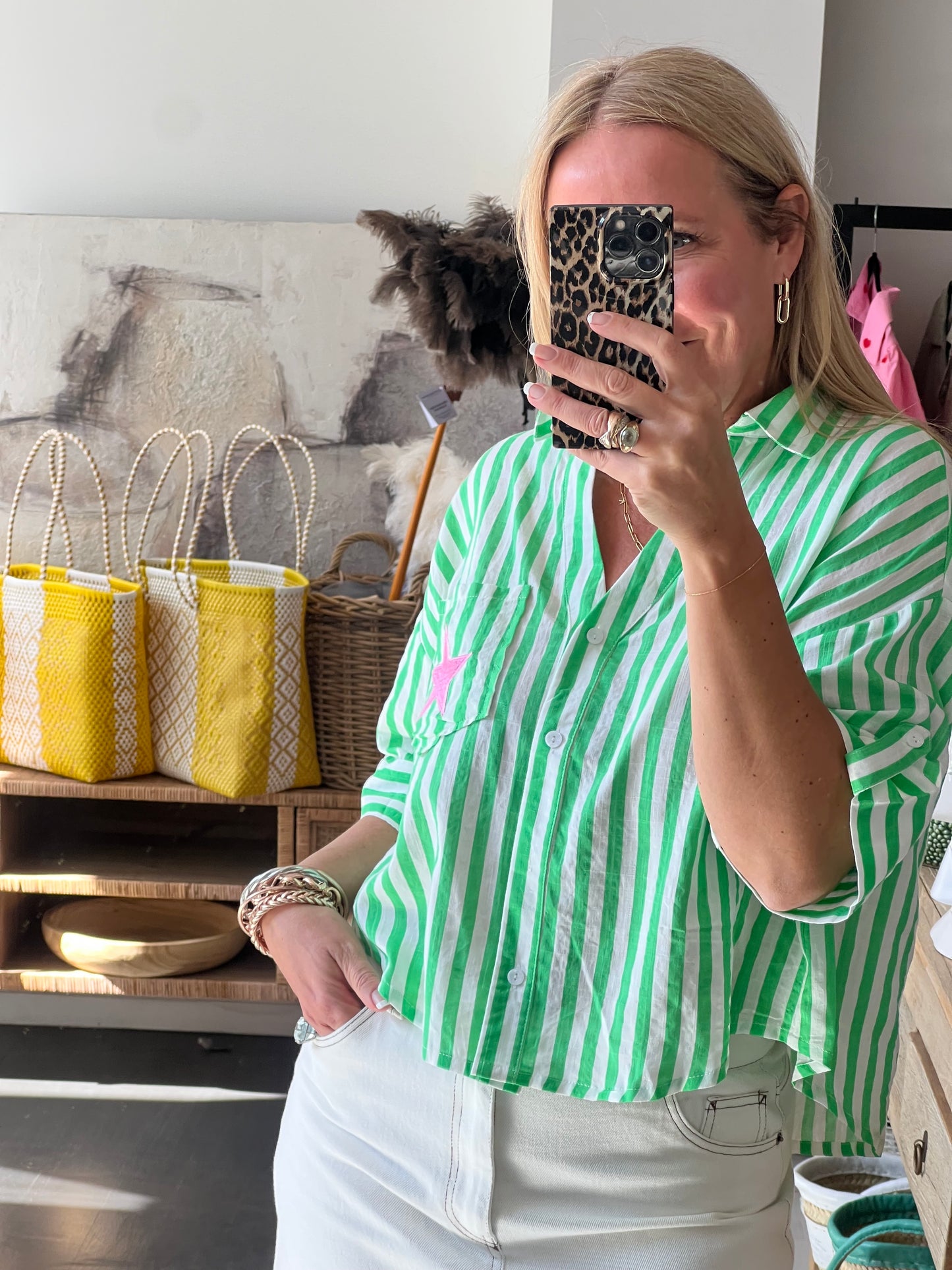 Crop Cotton Shirt Top- green