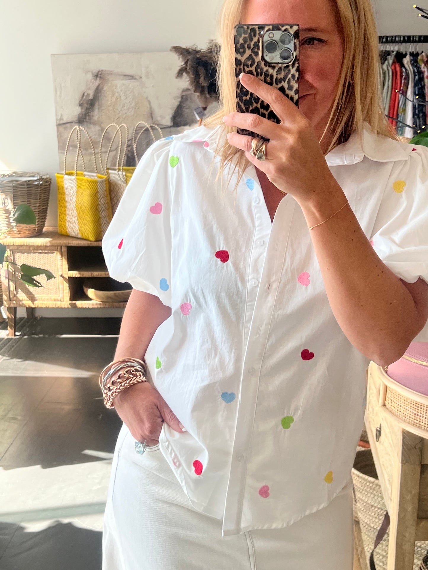 Hearts Puff Sleeve Cotton Shirt Top- white