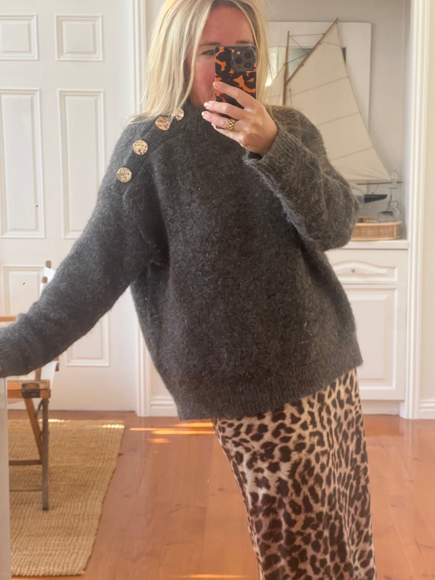 Gold Button Neck Jumper - chocolate brown