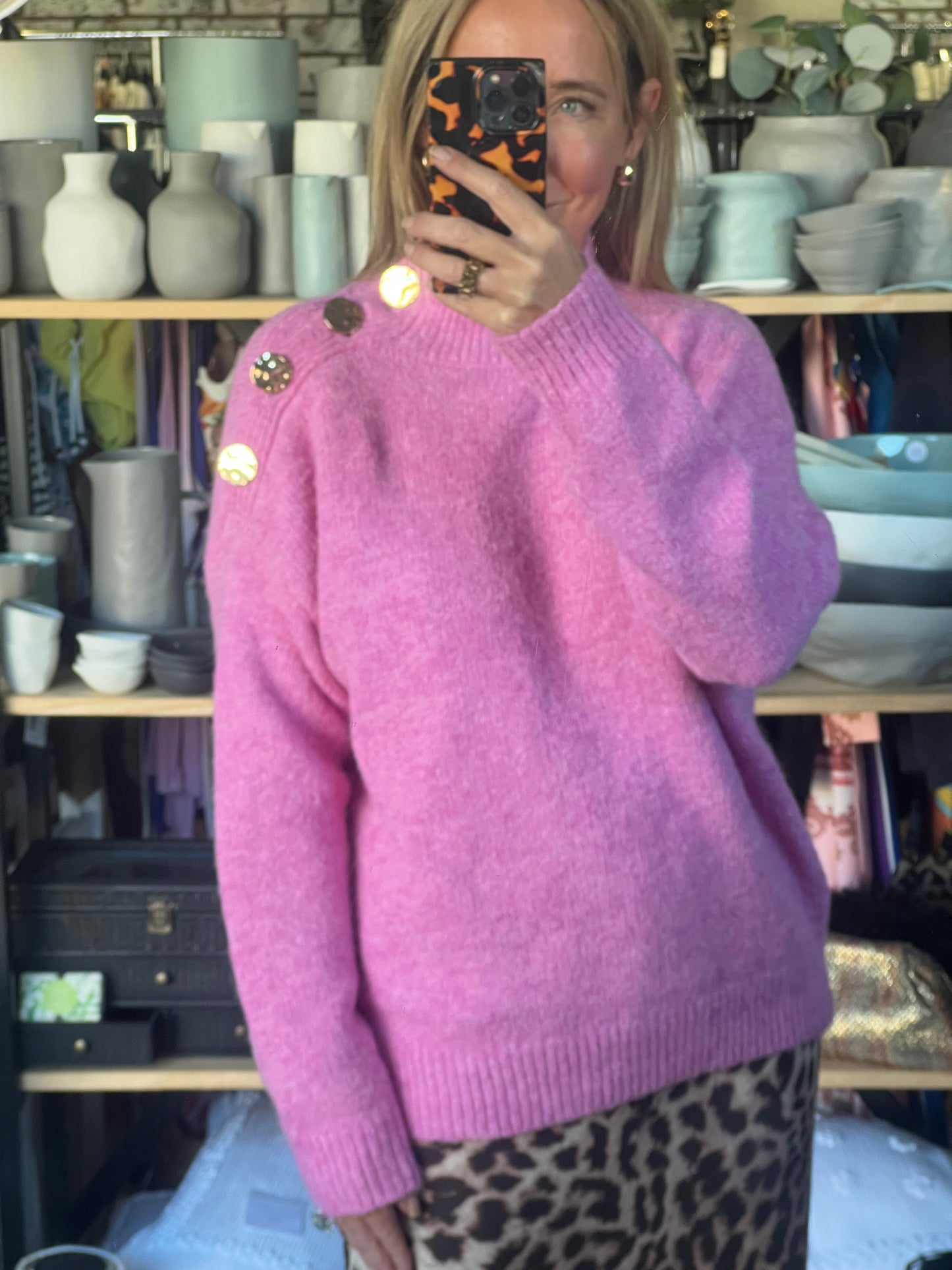 Gold Button Neck Jumper - pink