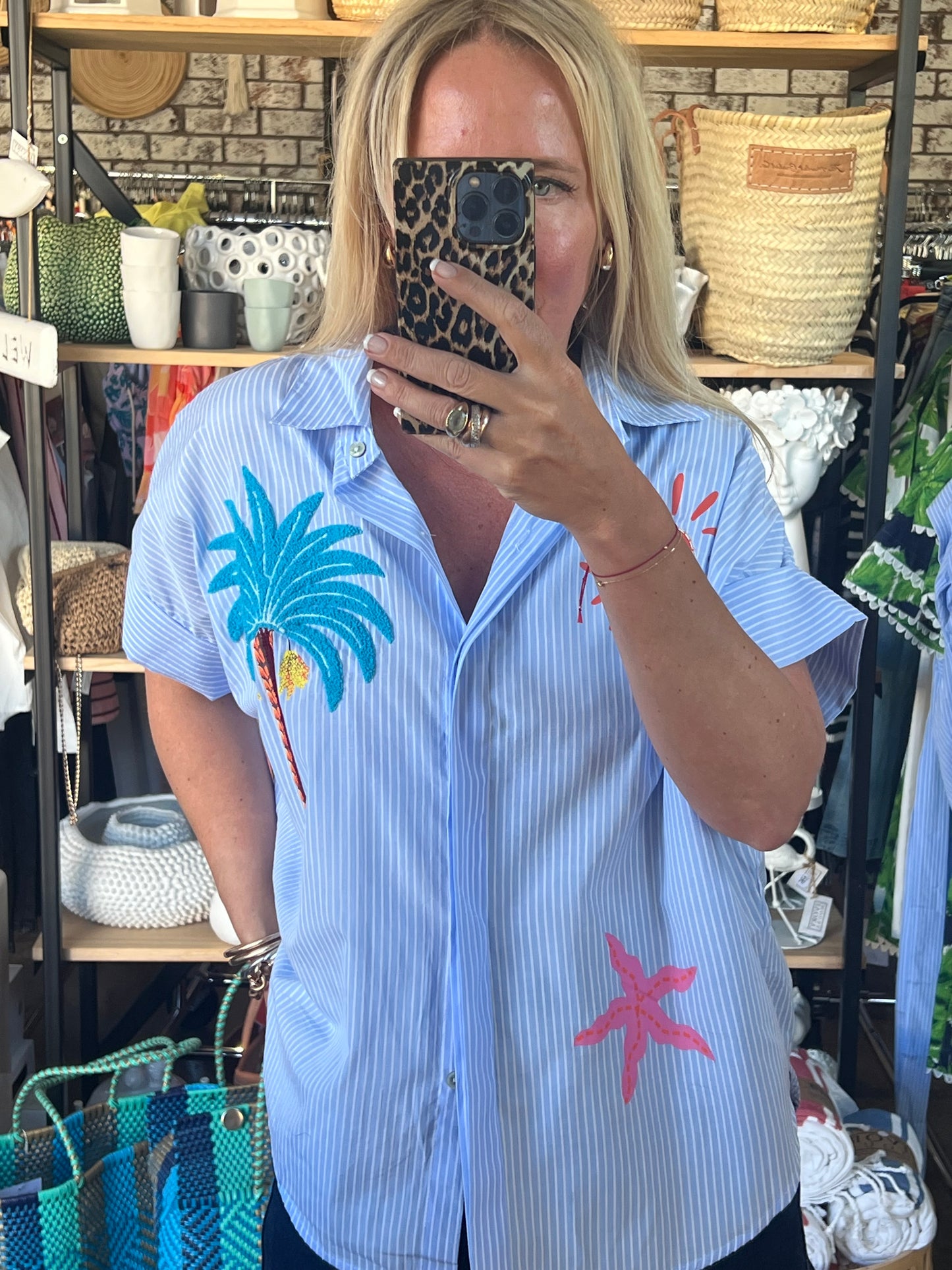 Embroidered Palm Shirt Top
