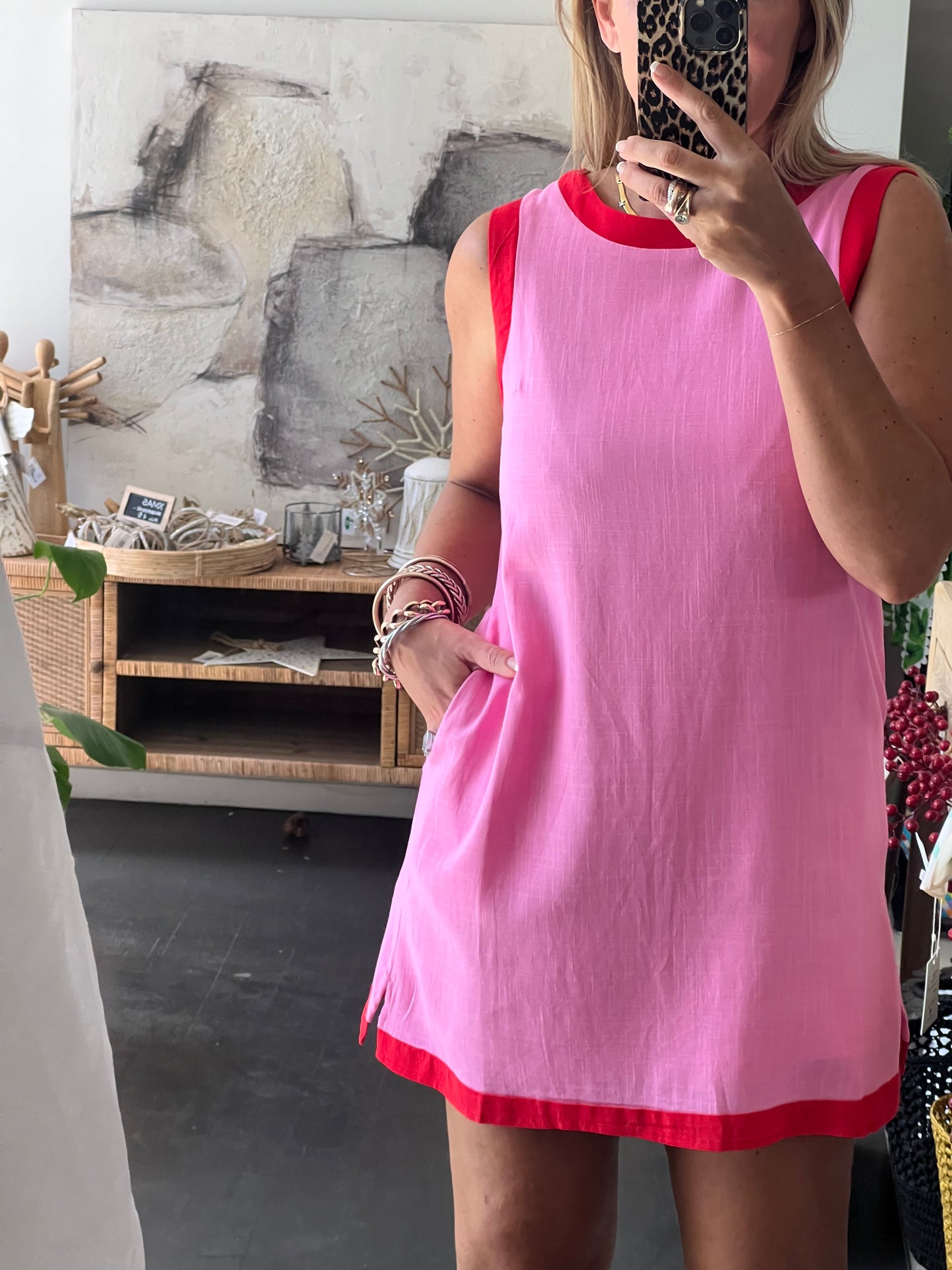 Sleeveless Shift Linen Dress - pink