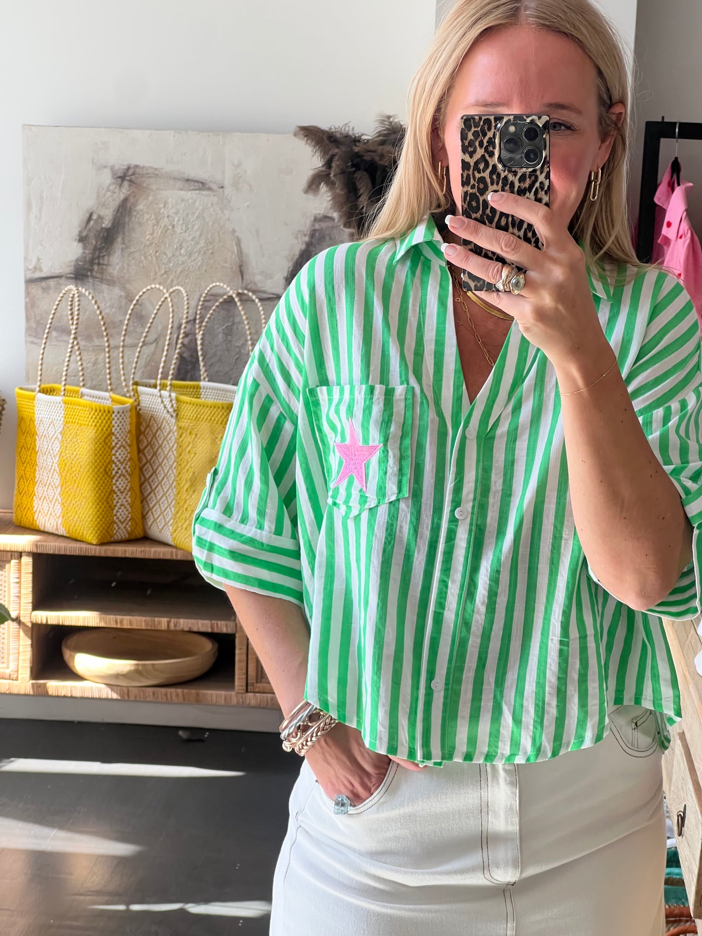 Crop Cotton Shirt Top- green