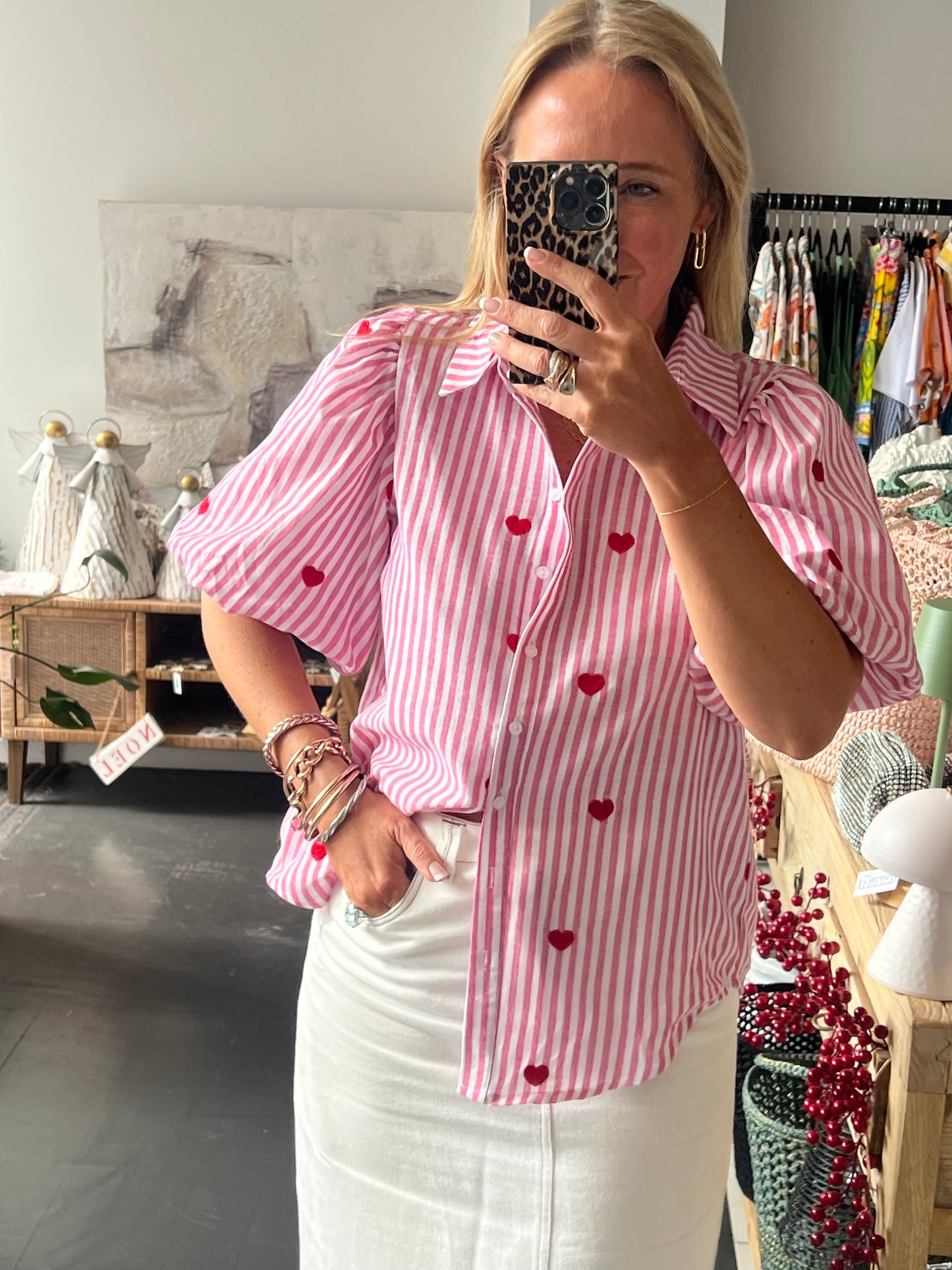 Hearts Puff Sleeve Cotton Shirt Top- pink
