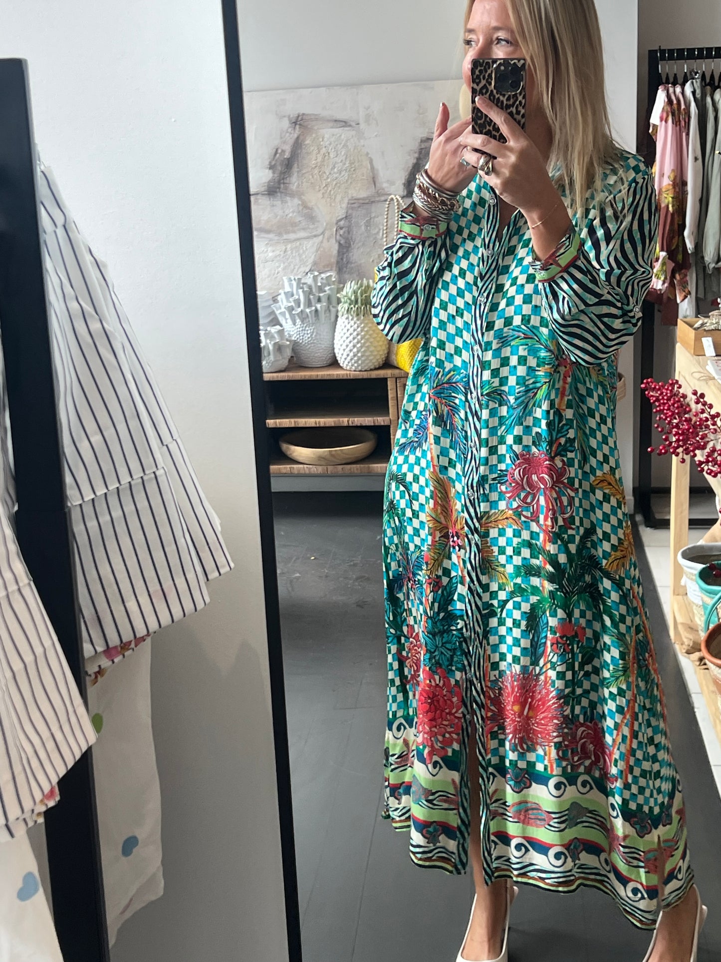 Slinky Floral Resort Shirt Dress -aqua