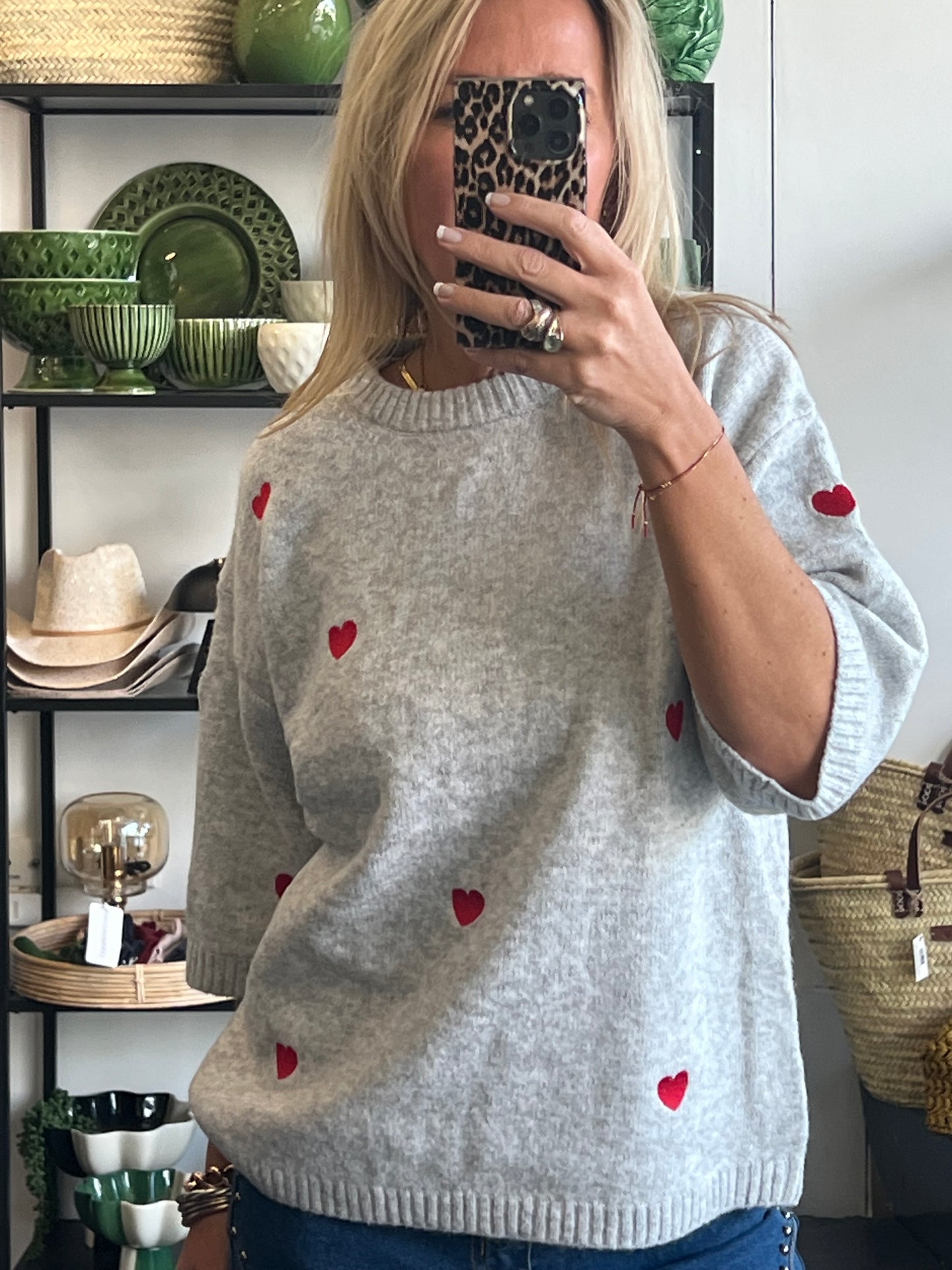 Heart Knit 3/4 Sleeve Top - grey