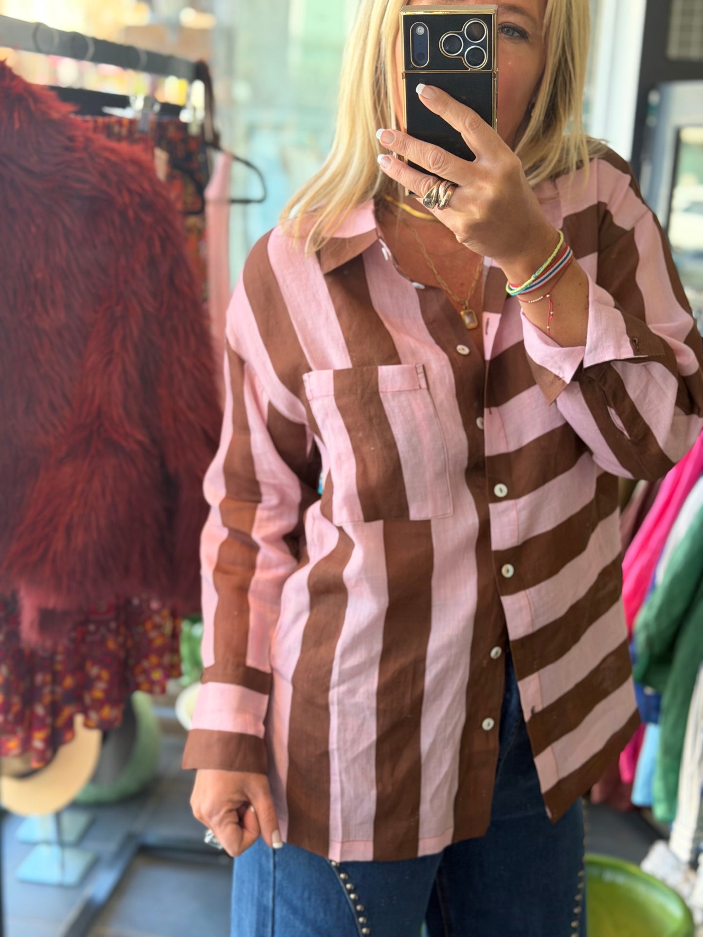 Riviera Stripe LInen Shirt - pink & tan