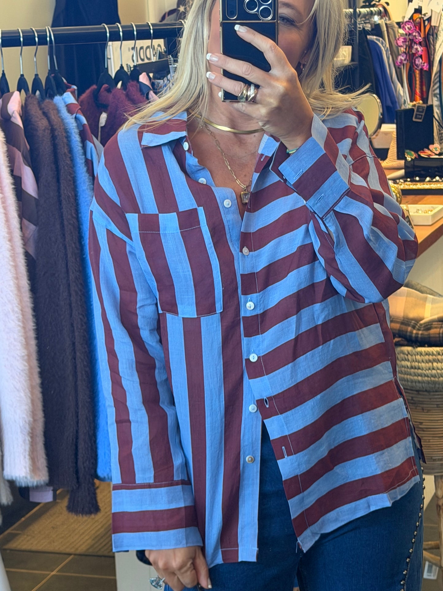 Riviera Stripe LInen Shirt - blue & berry