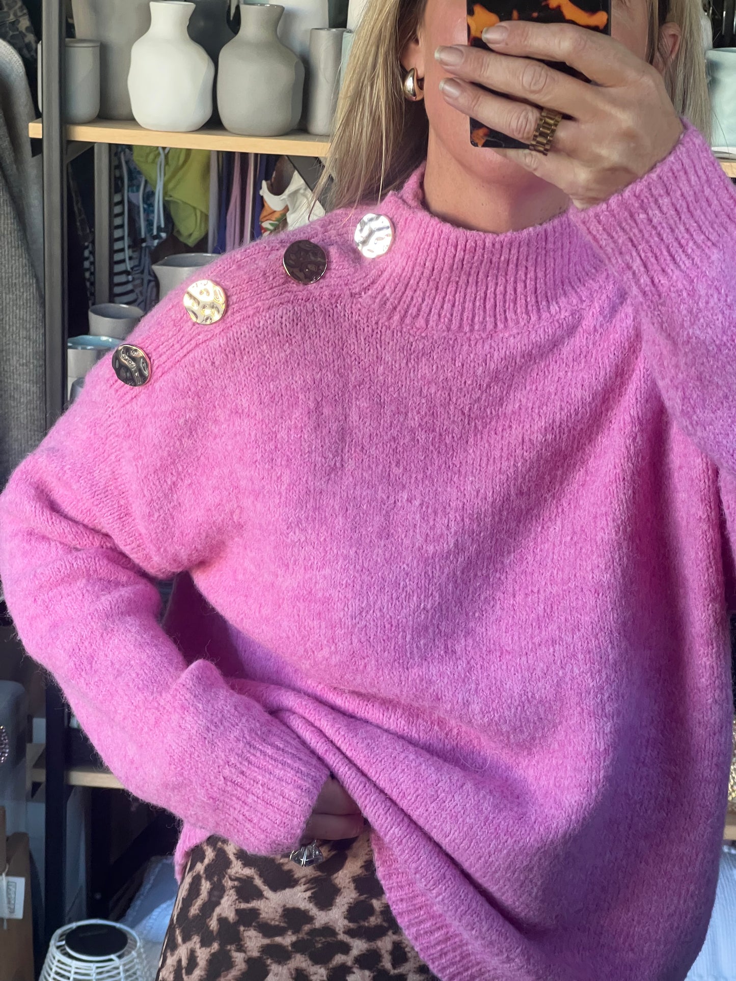 Gold Button Neck Jumper - pink