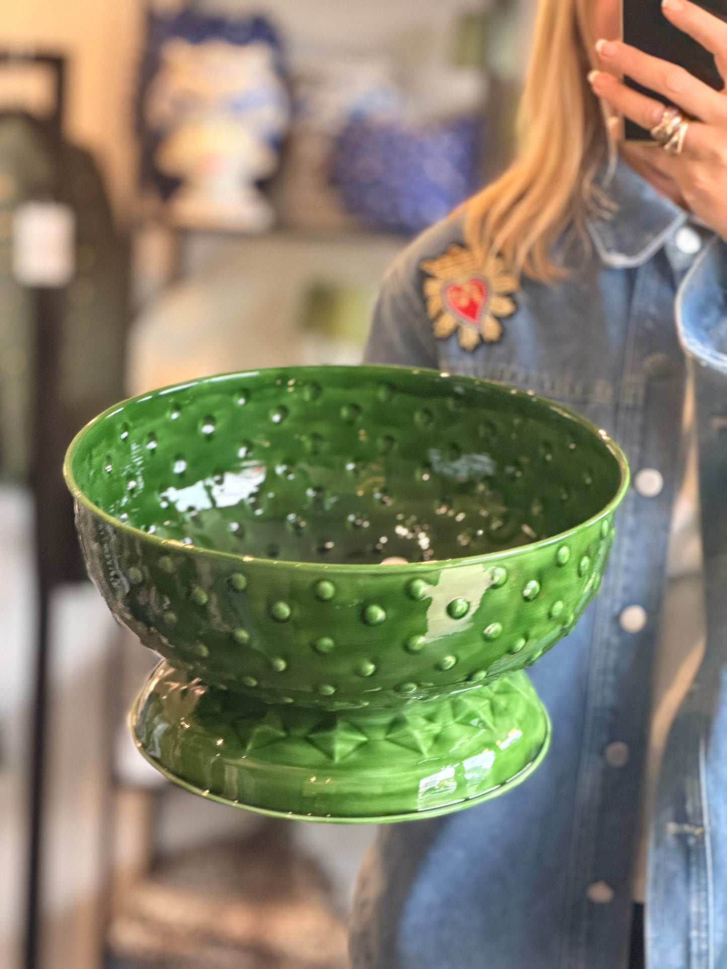 Footed Glazed Tin Fruit Bowl-  green