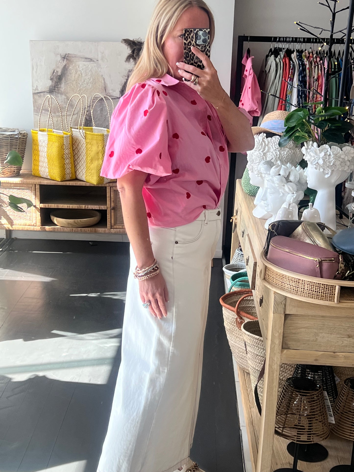 Hearts Puff Sleeve Cotton Shirt Top