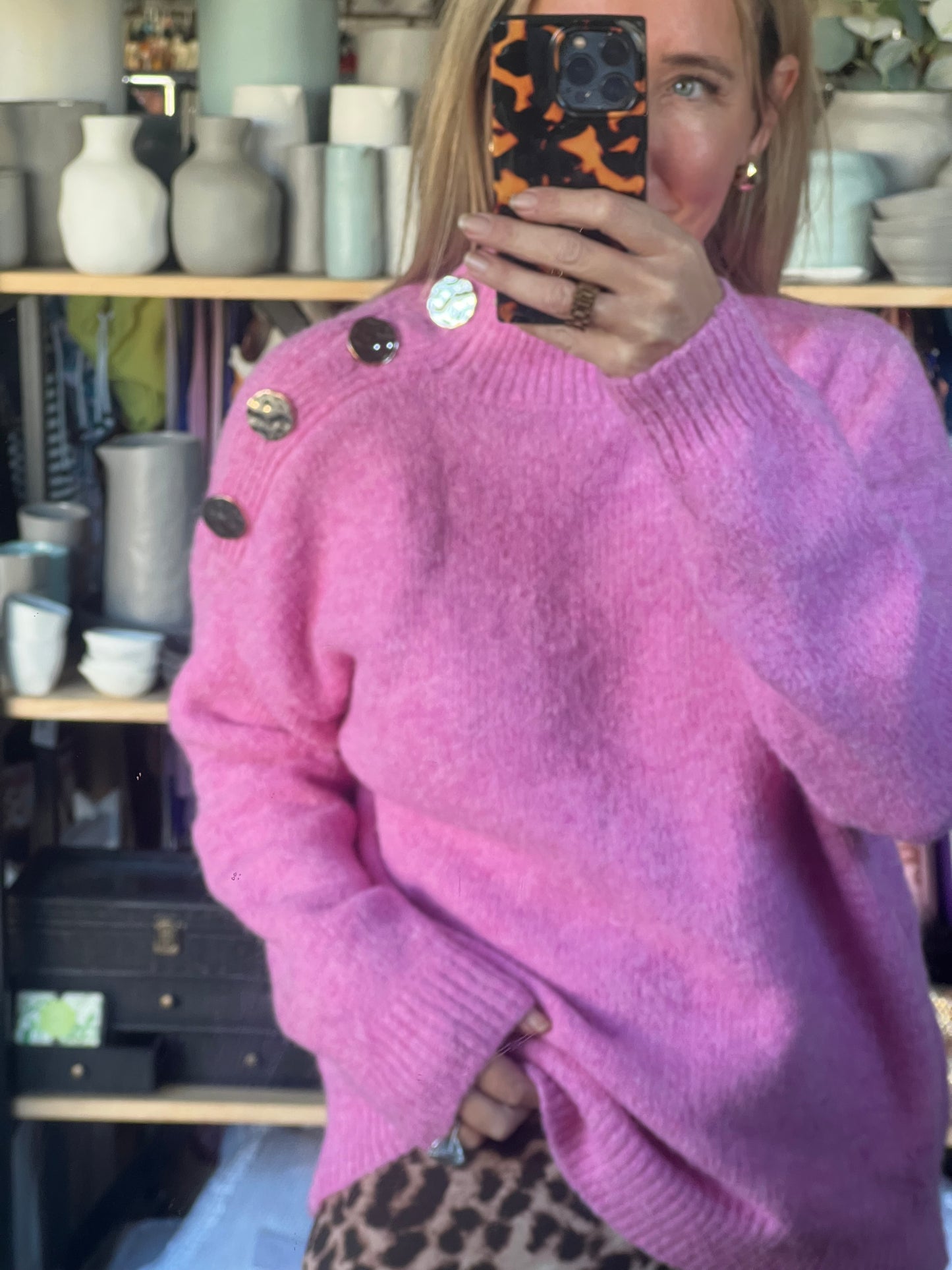 Gold Button Neck Jumper - pink