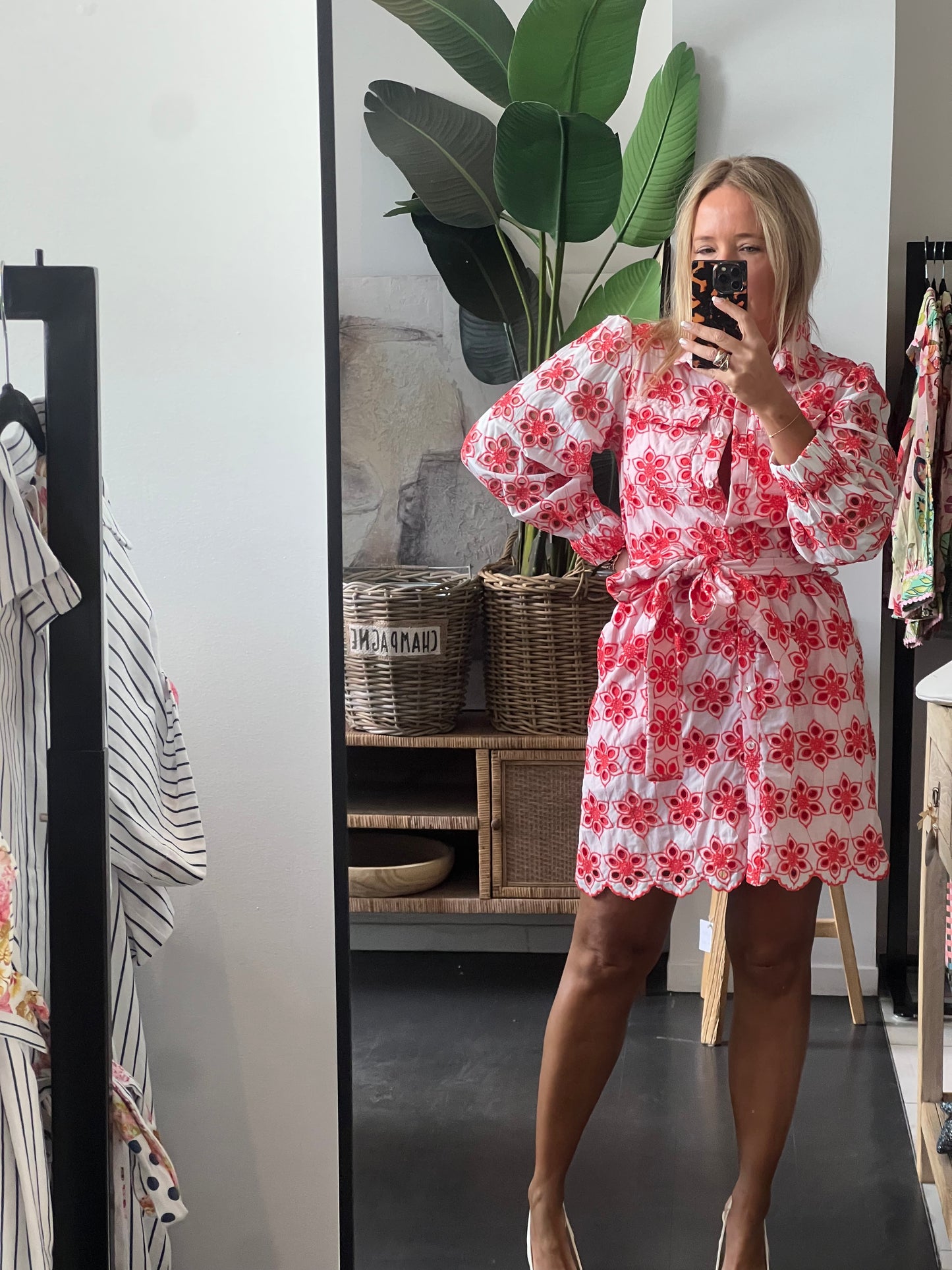 Broderie Anglaise Shirt Dress- red